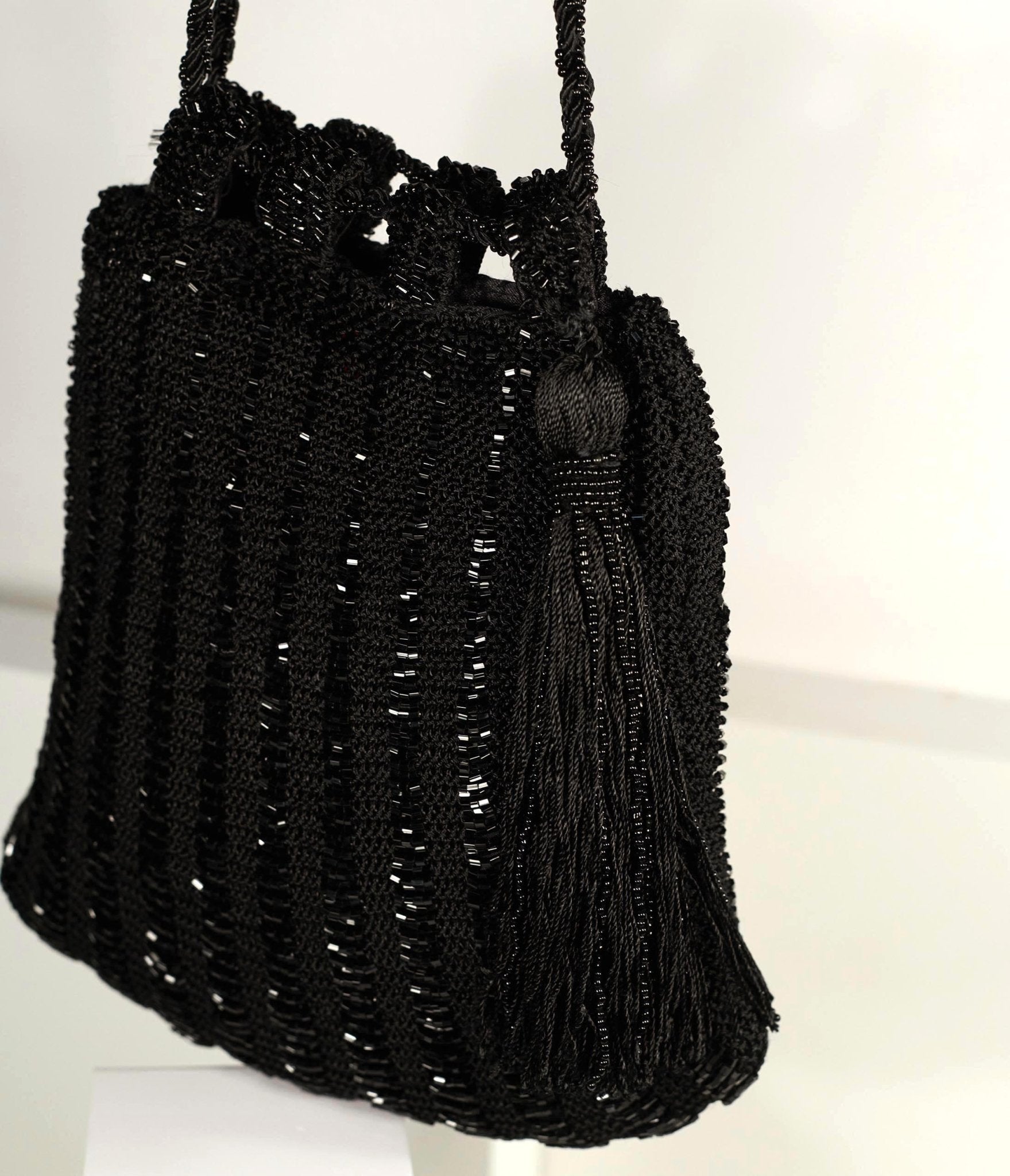 1920s Style Black Beaded & Crochet Tassel Purse