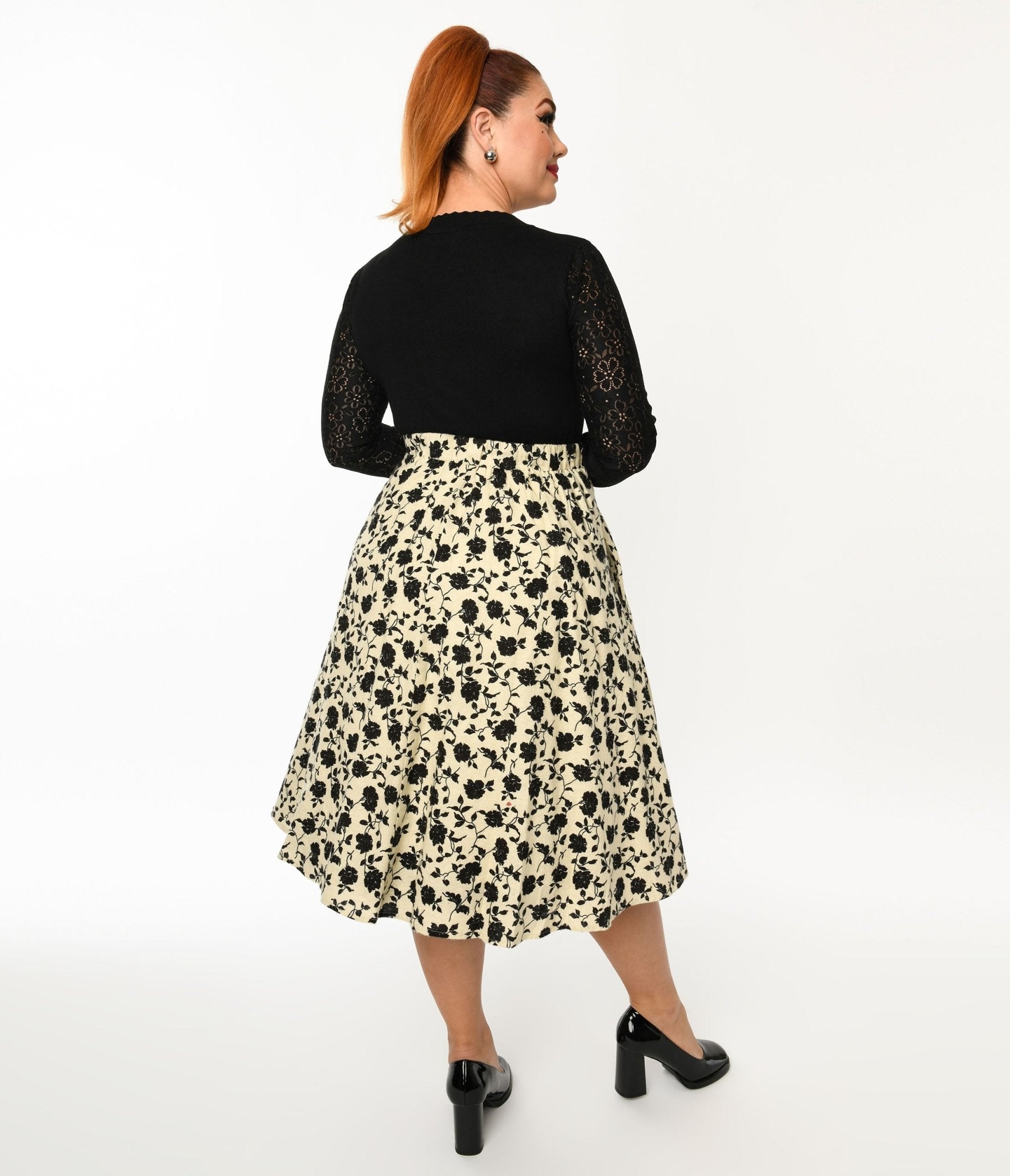 Cream & Black Floral Swing Skirt