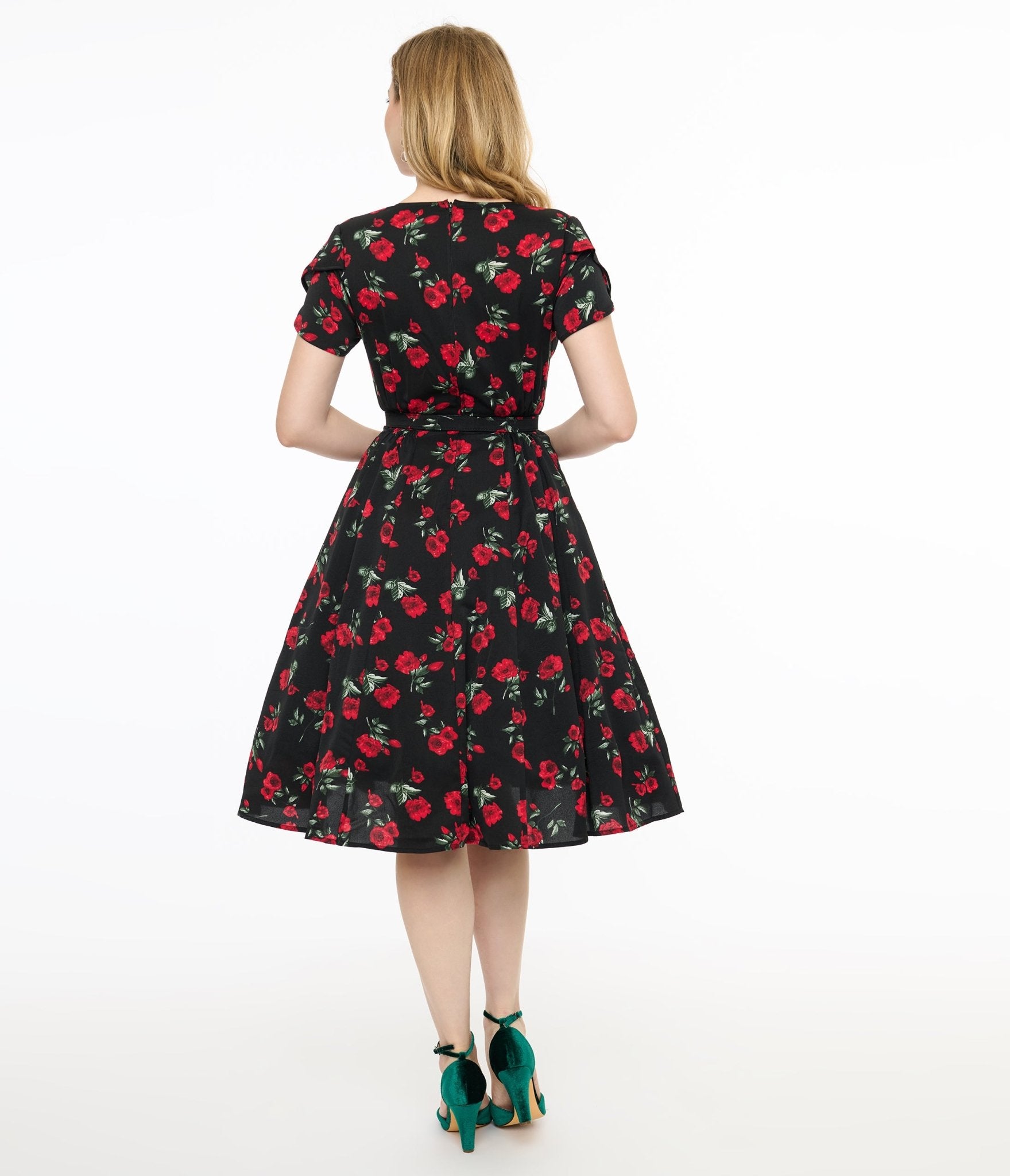 Unique Vintage 1940s Black & Red Floral Print Tulip Sleeve Swing Dress