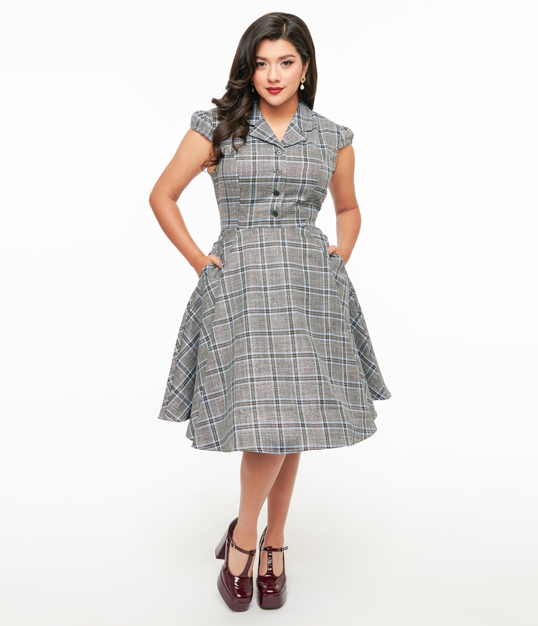 1950s Grey & Blue Plaid Swing Dress