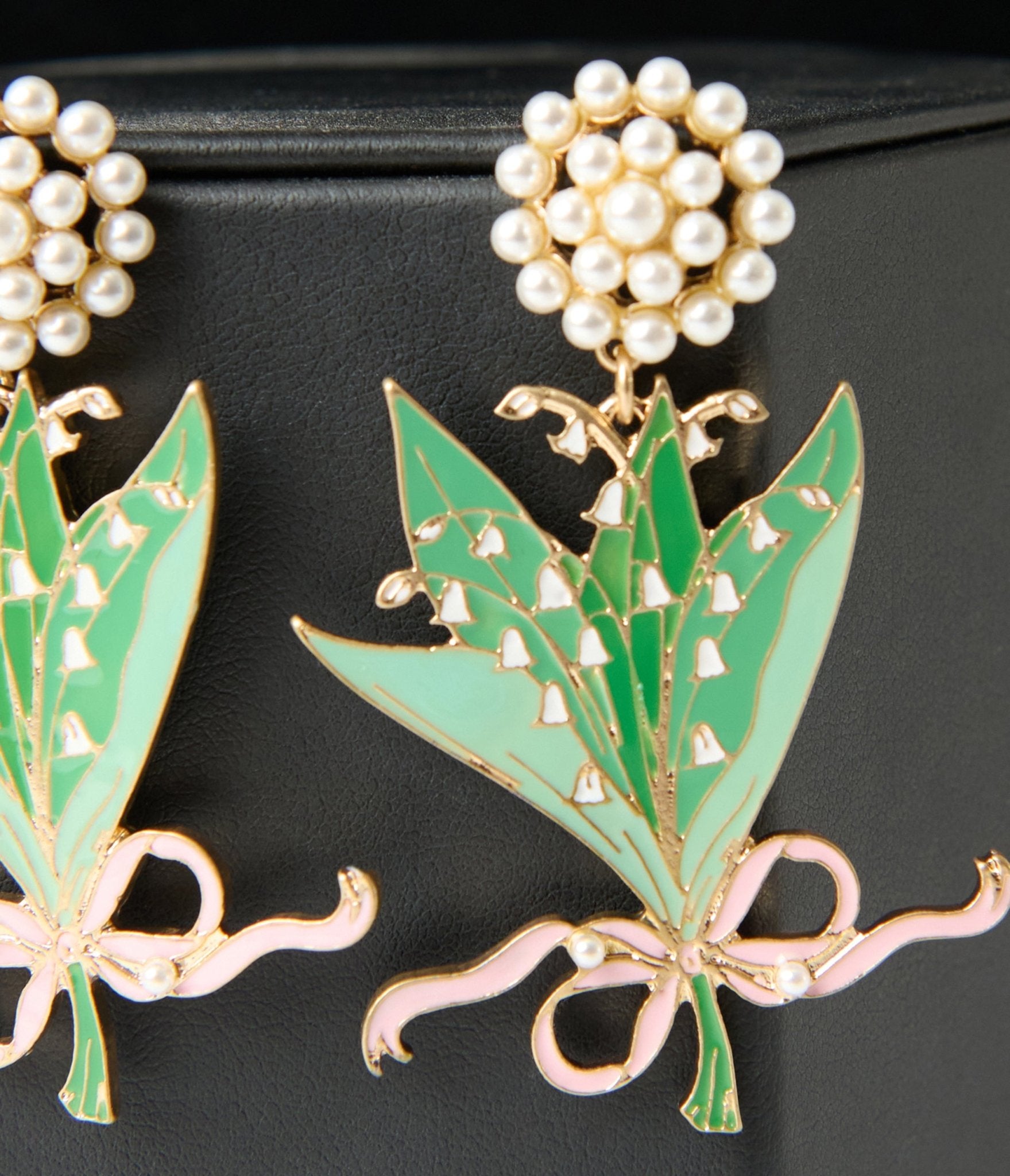 Pink & Green Lily of the Valley Enamel Bouquet Earrings