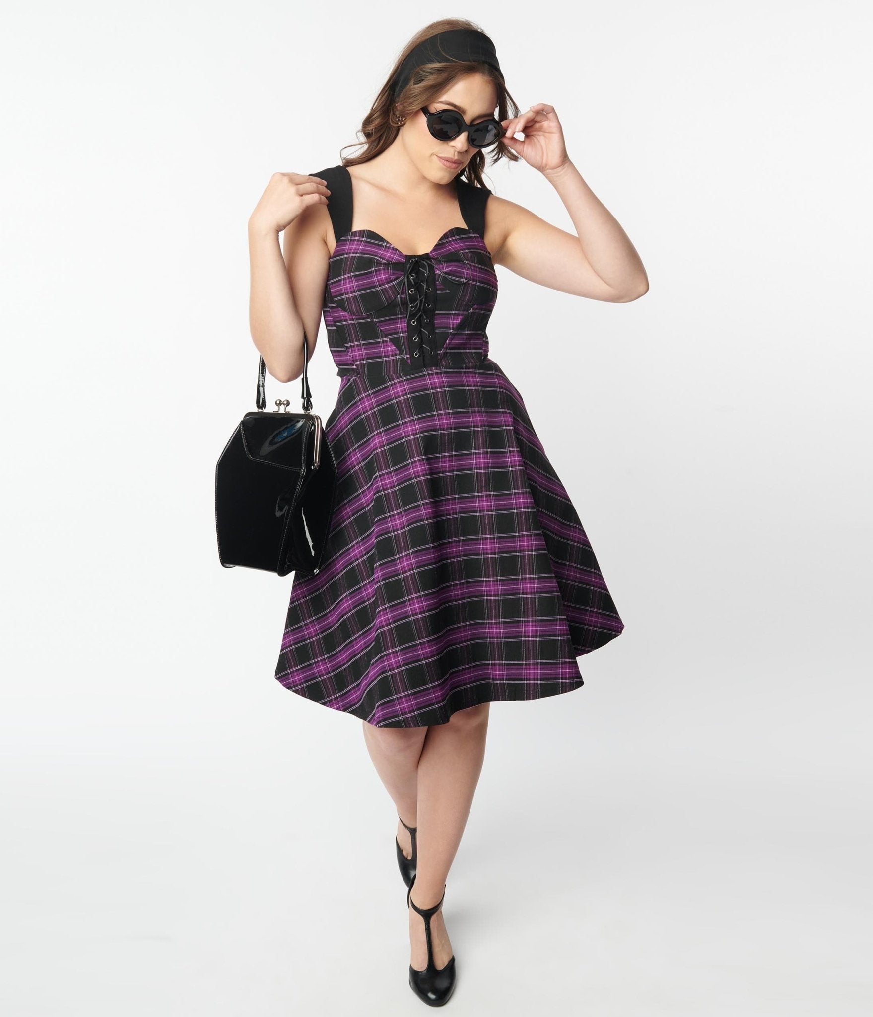 Unique Vintage Purple Plaid Corset Flare Dress