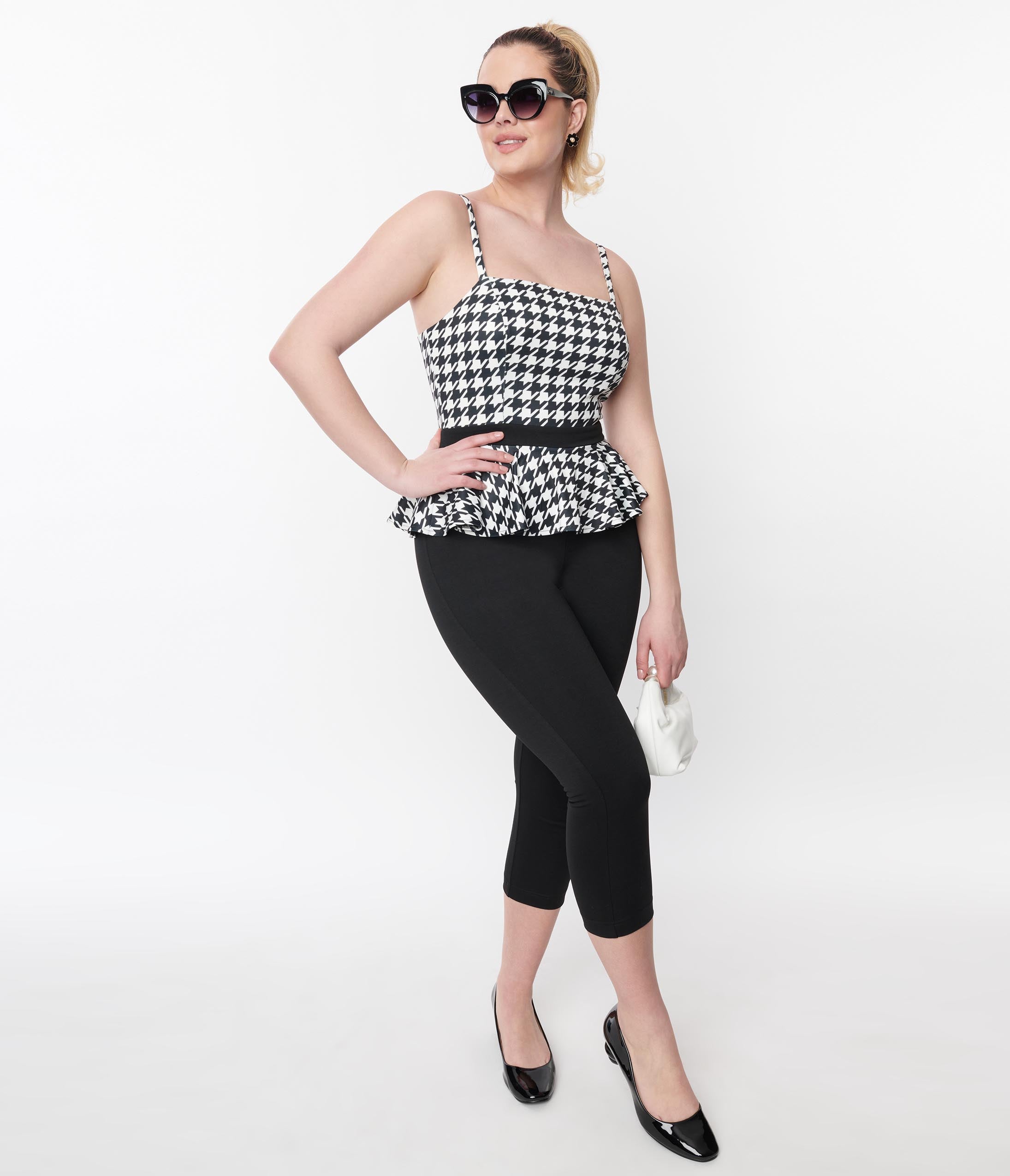 Unique Vintage Black & White Houndstooth Peplum Jumpsuit