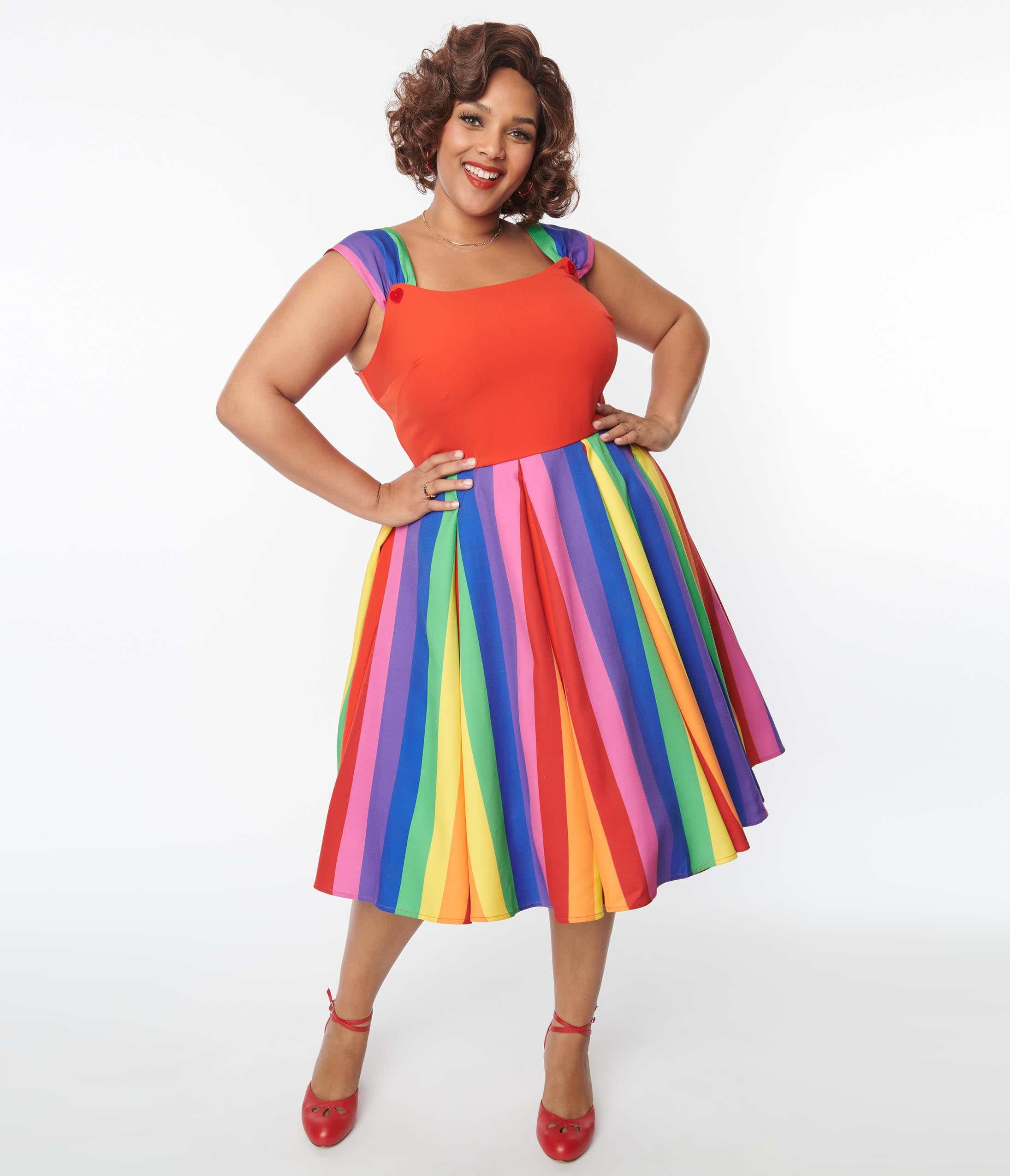 Unique Vintage Plus Size Red & Rainbow Stripe Swing Dress