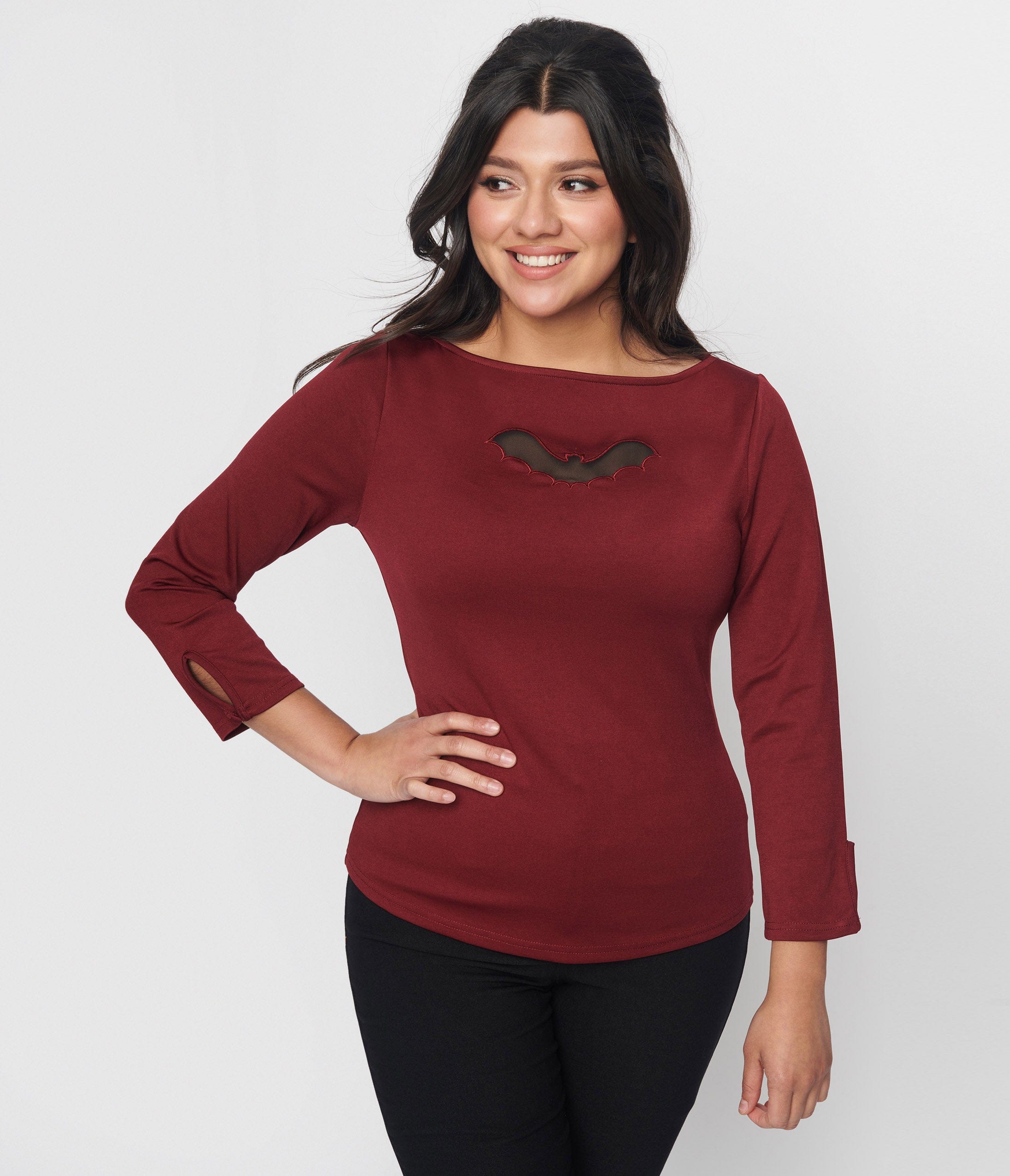 Unique Vintage Burgundy & Bat Cutout Gracie Top