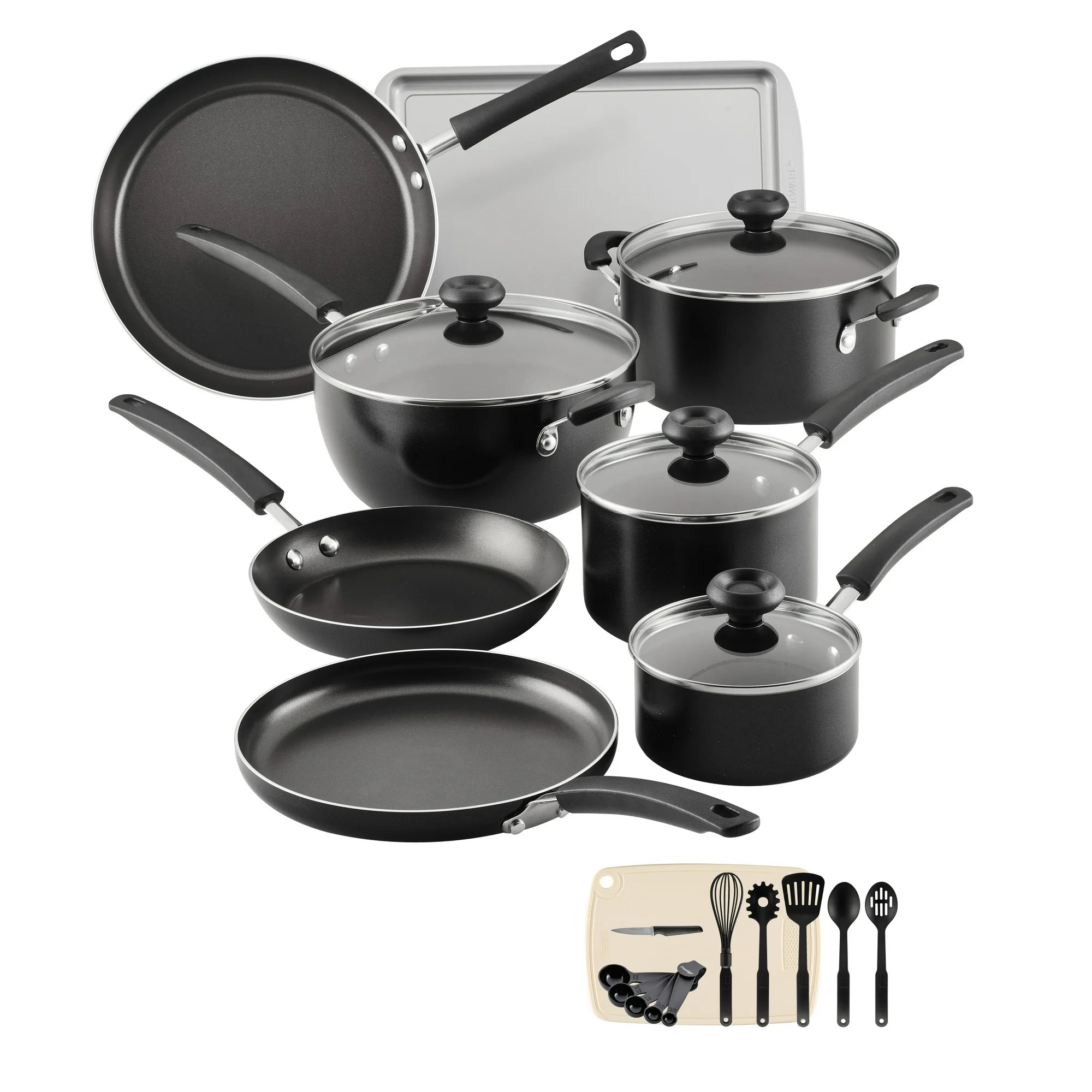 Farberware 22466 Easy Clean 24 Piece Aluminum Nonstick Cookware Pots and Pans Set, Black