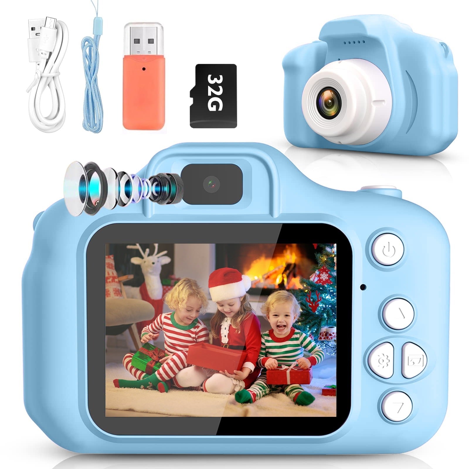 Sanmadrola Kids Selfie 5MP Camera for Kids w/32GB SD Card, Blue - Portable