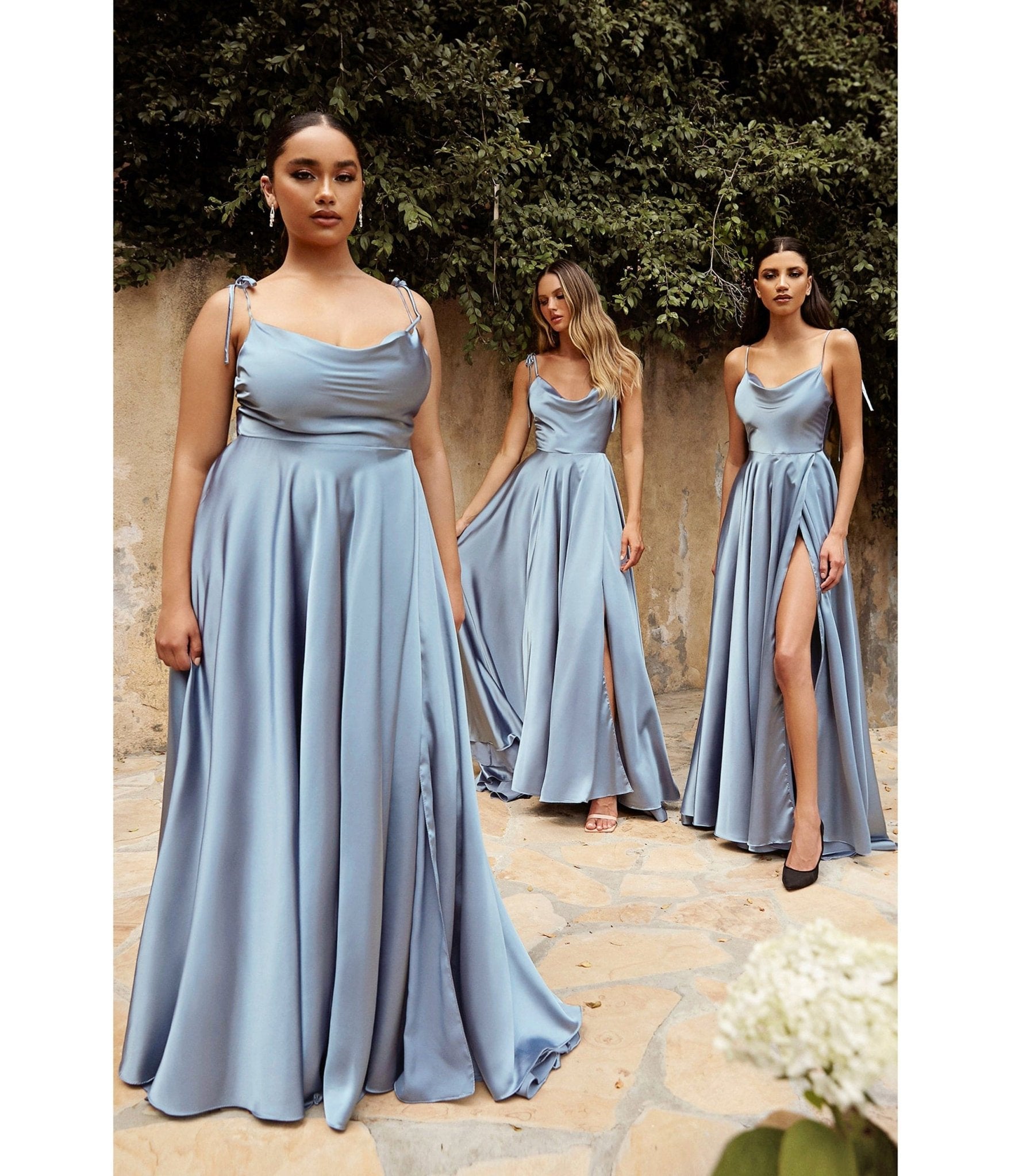 Ladivine by Cinderella Divine Dusty Blue Liquid Satin Prom Gown