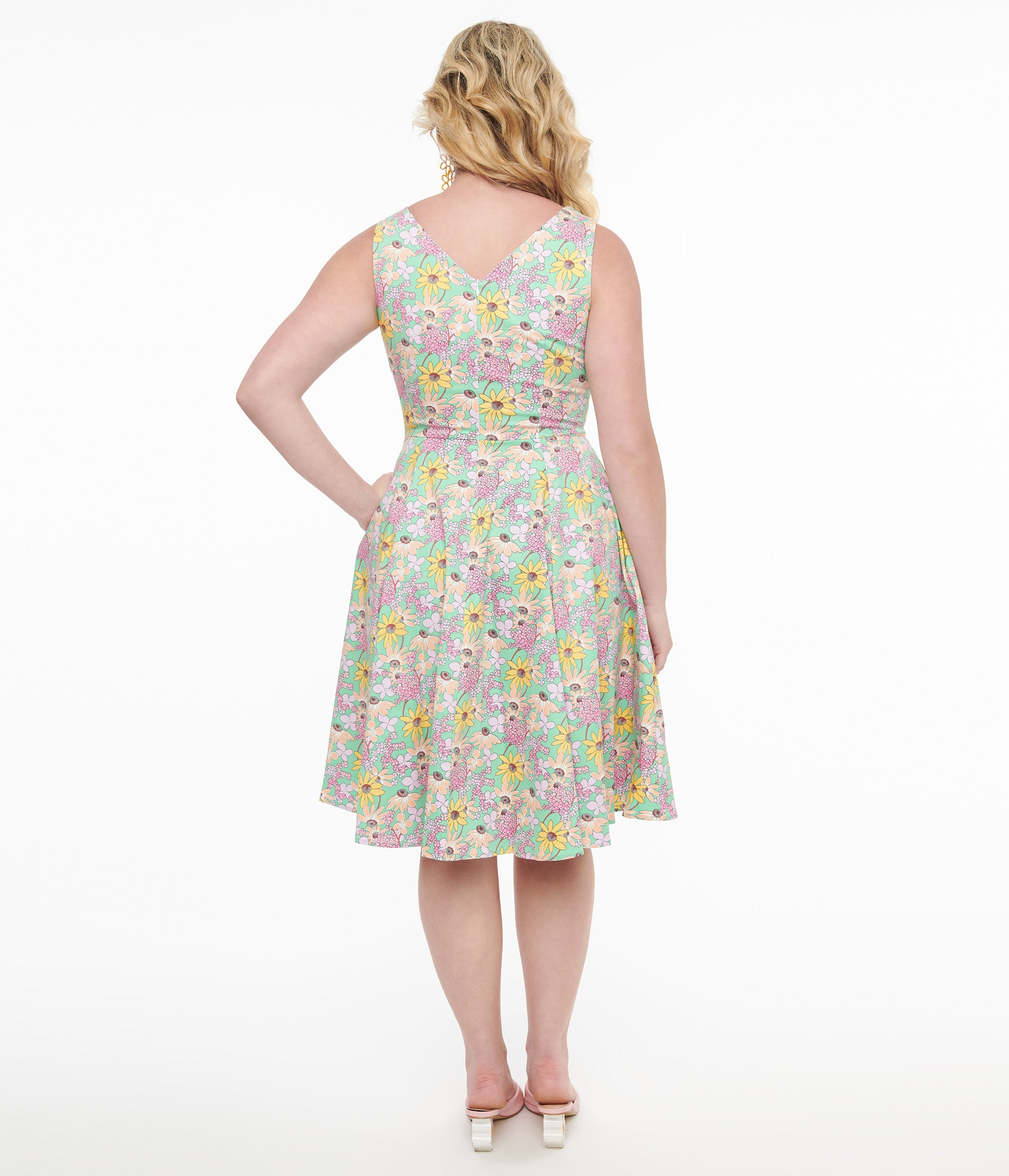 Green & Multicolor Floral Cotton Swing Dress