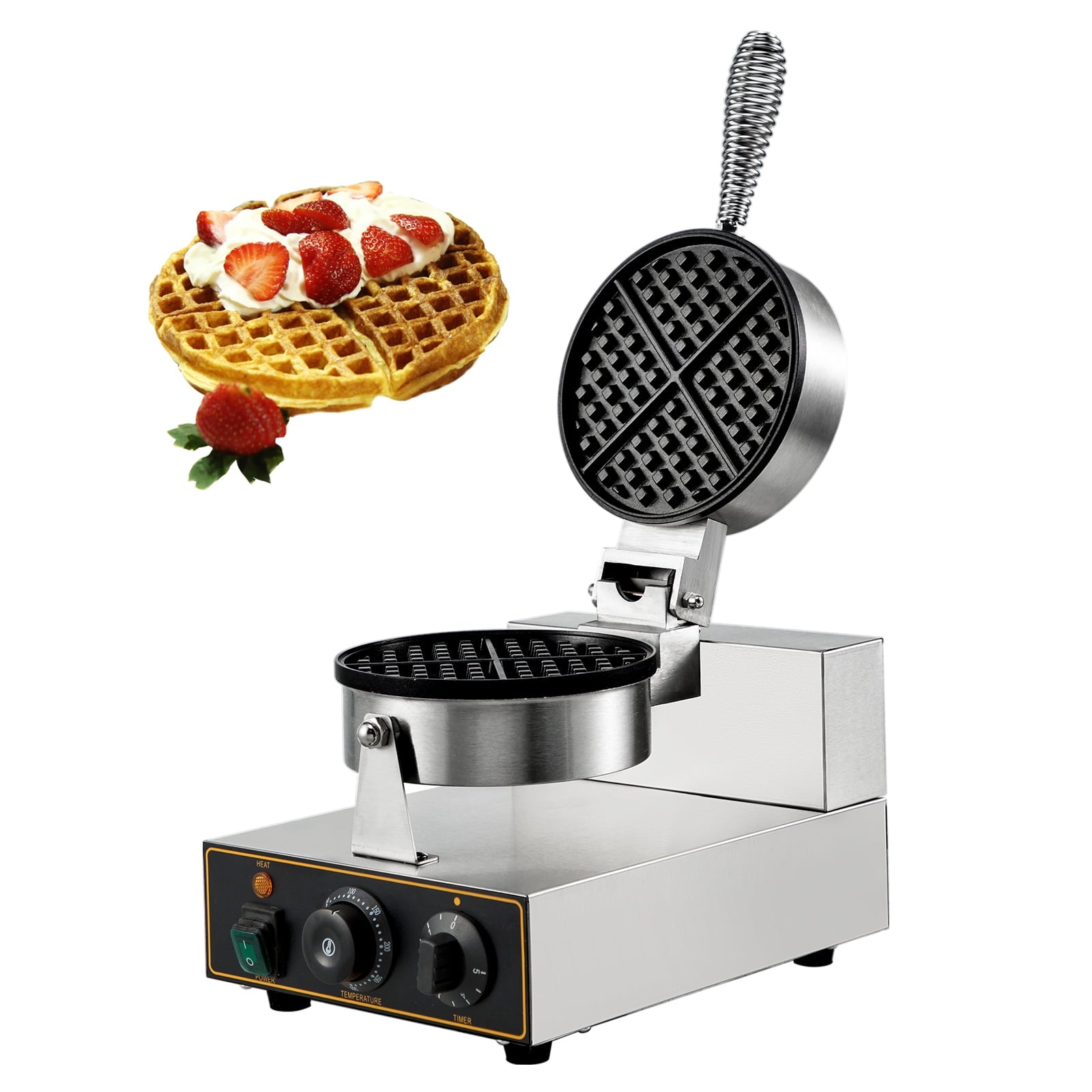 VEVOR HFBJDTYXHFLHT-101V1 Nonstick 1100W Stainless Steel Commercial Round Waffle Maker, Sliver