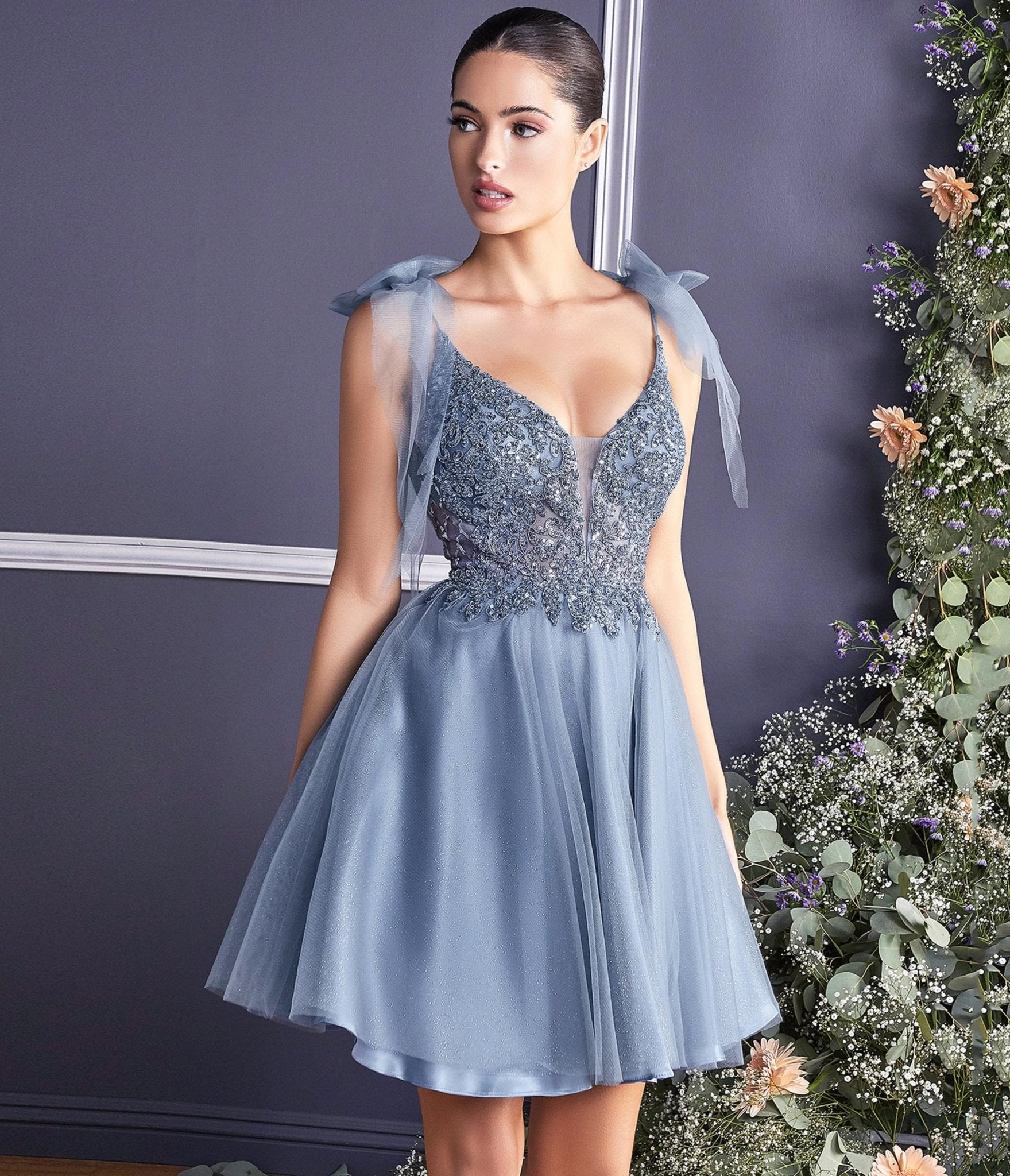 Ladivine by Cinderella Divine Dusty Blue Shimmer Tulle Flare Prom Dress