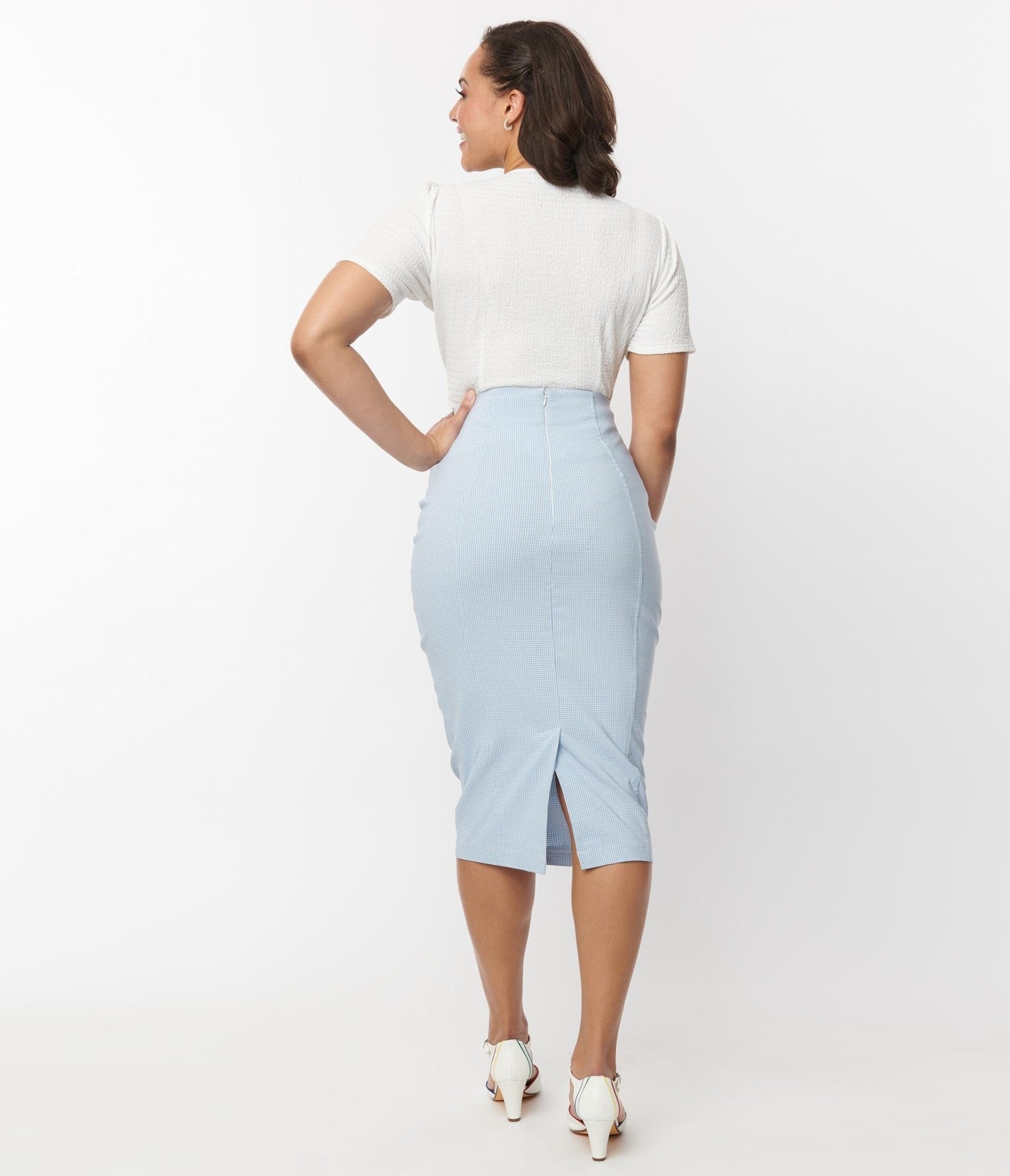 Unique Vintage Blue & White Gingham Sailor Sierra Pencil Skirt