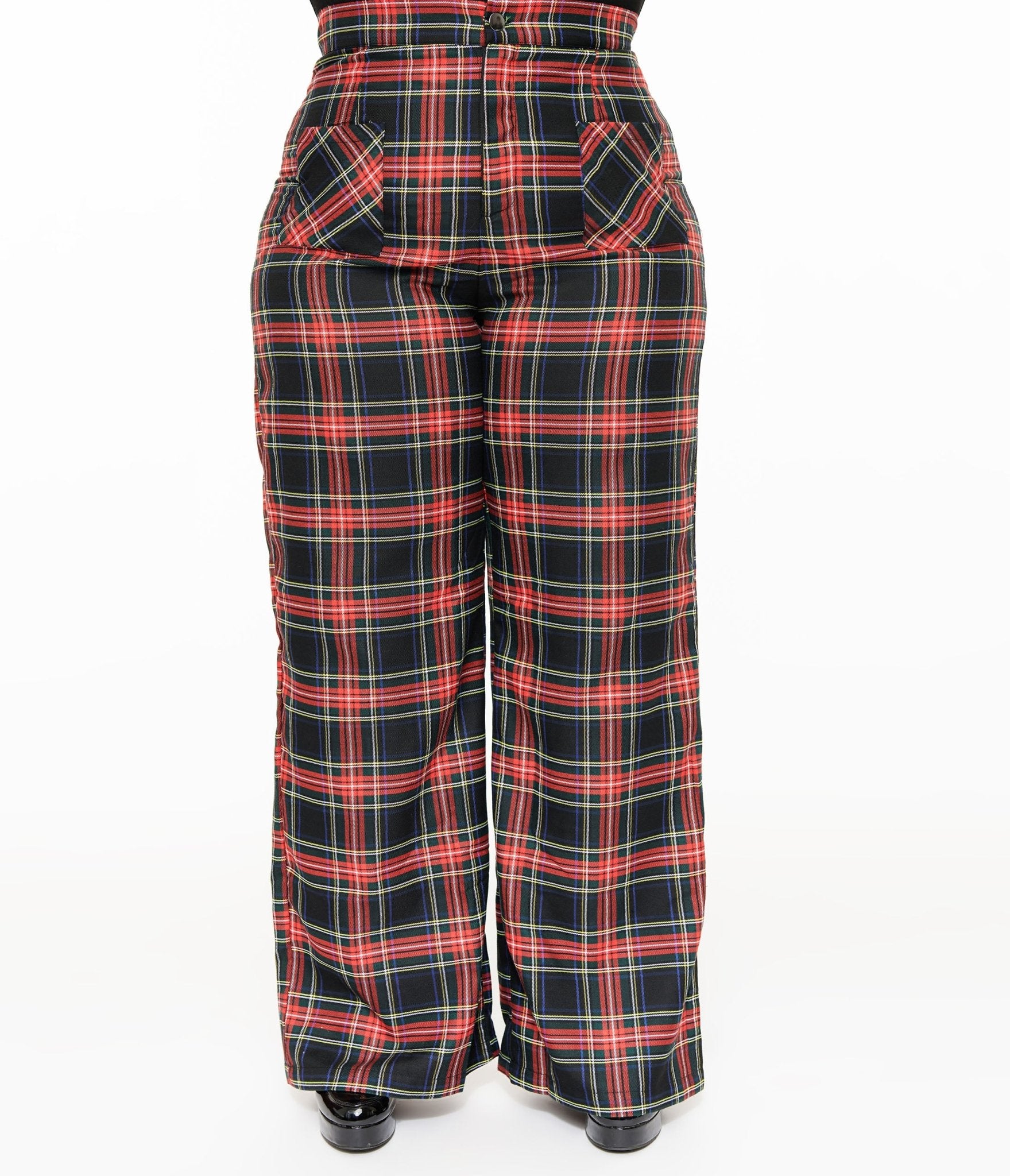 Smak Parlour Plus Size 1960s Black & Red Plaid Wide Leg Trousers