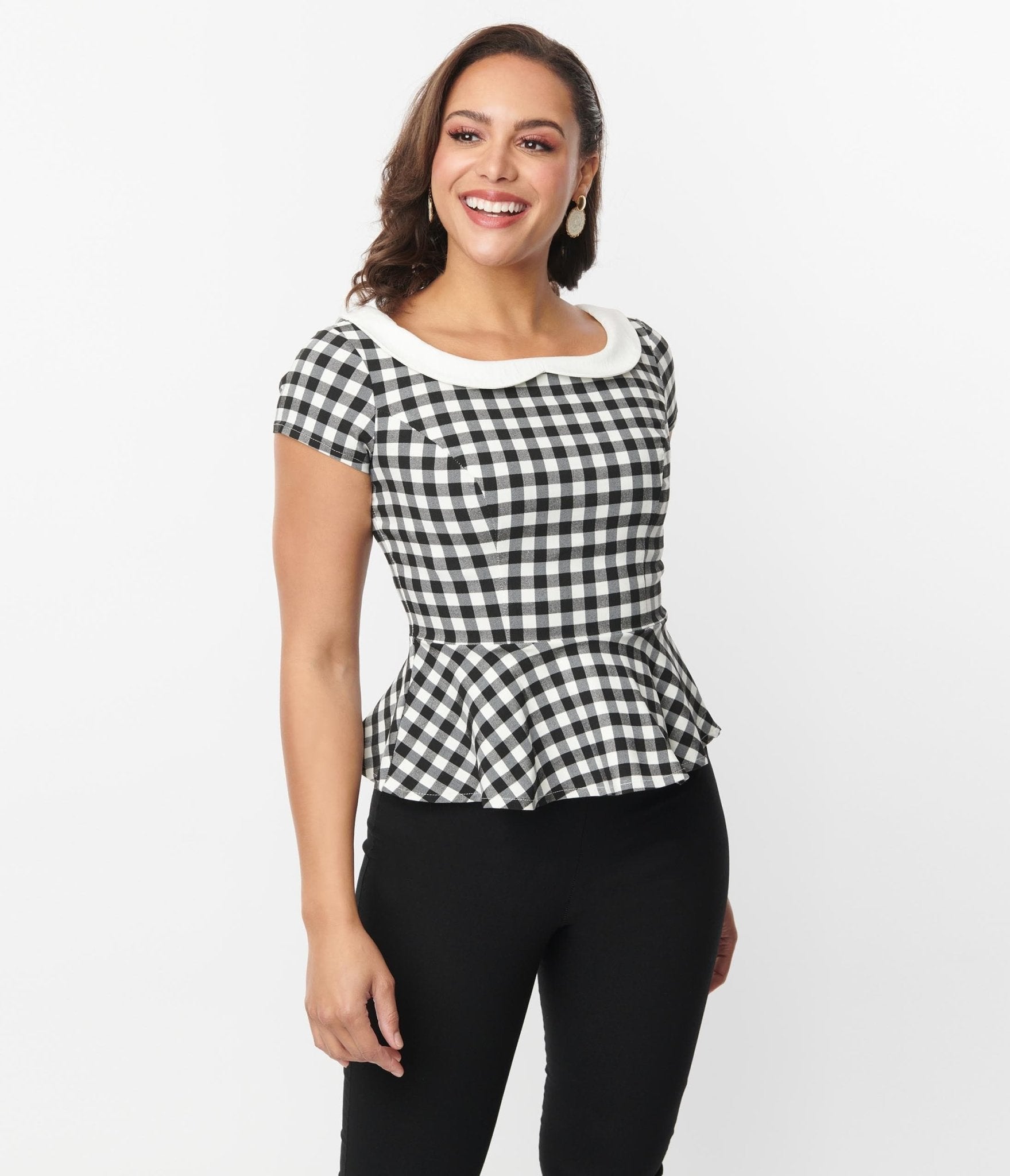 Unique Vintage Black & White Gingham Collar Peplum Top