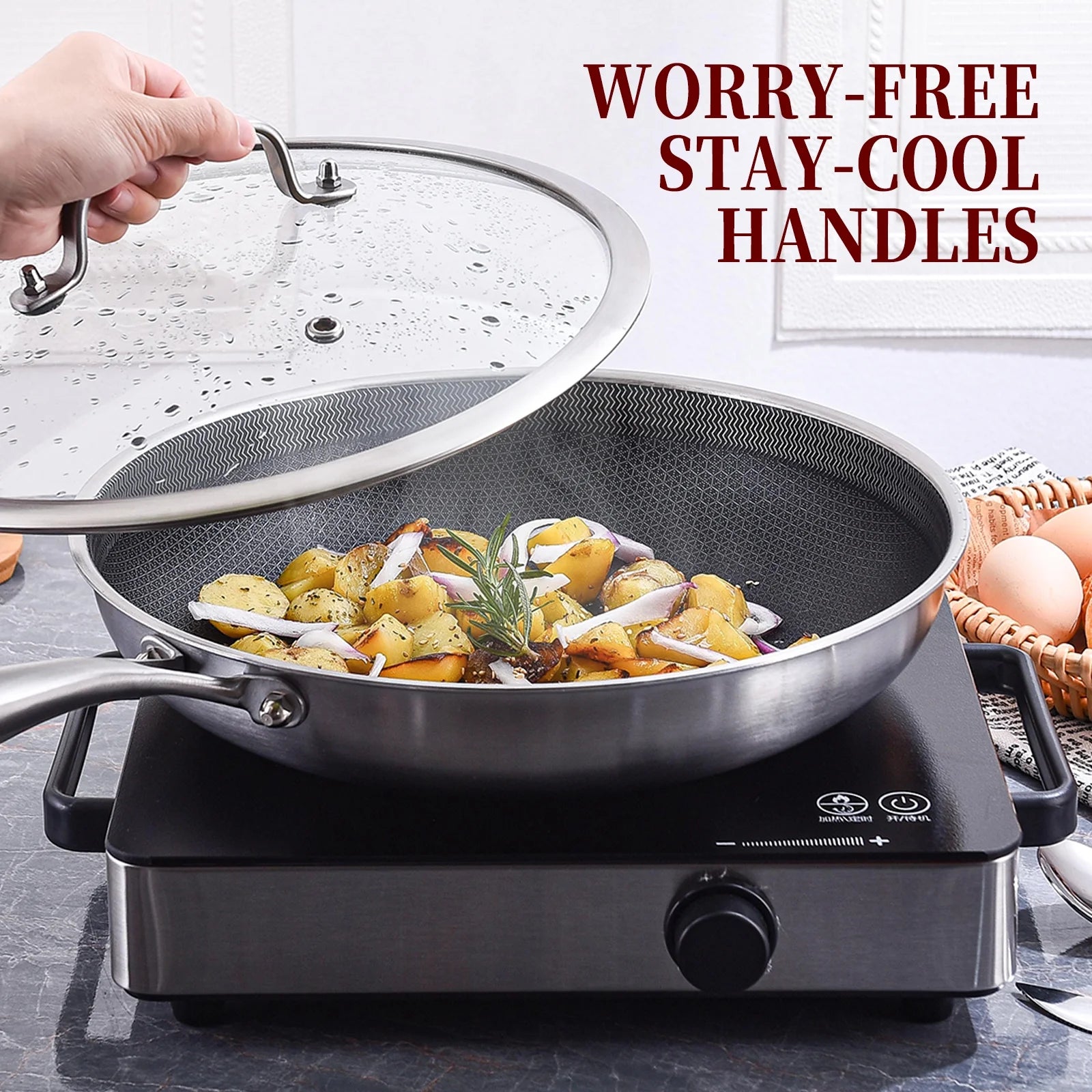 LOLYKITCH 12 inch 3-Ply Hybird Non-Stick Frying Pan with Lid