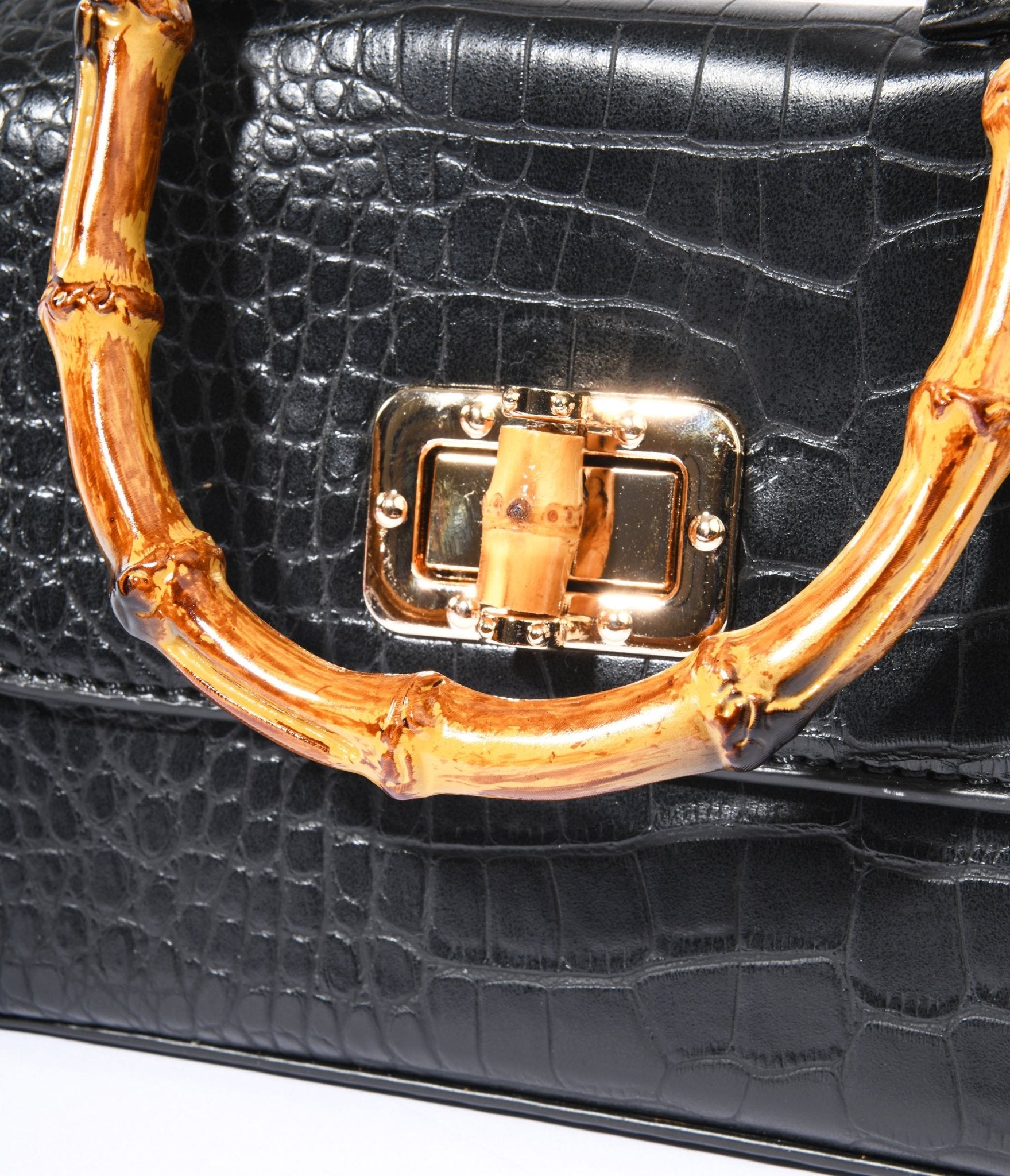 Black Reptile Embossed Bamboo Handle Handbag