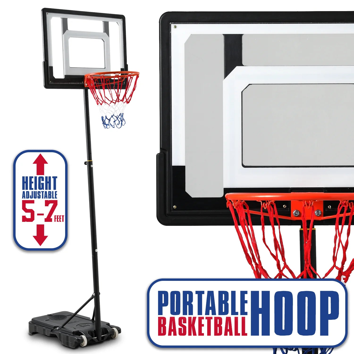 MoNiBloom Portable Basketball Hoop Goal 5ft - 7ft with 33 Backboard Wheels Fillable Base Black