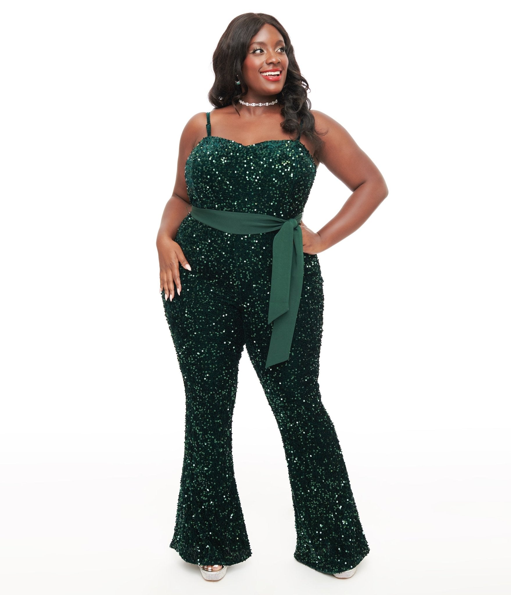 Unique Vintage Plus Size 1960s Green Sequin Flare Jumpsuit