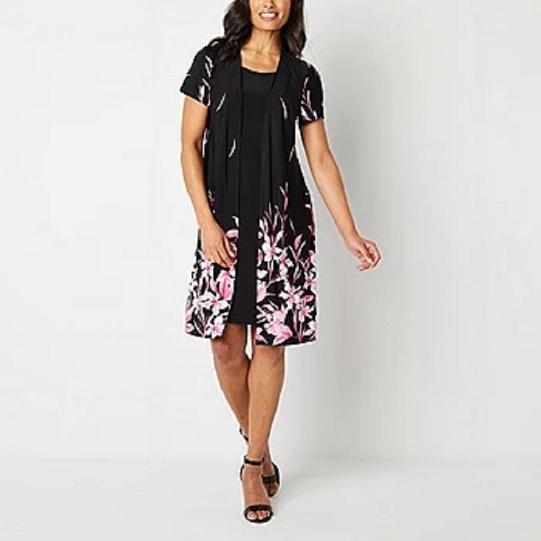 Perceptions Floral Faux-Jacket Dress, XL, Black Pink - Machine Washable