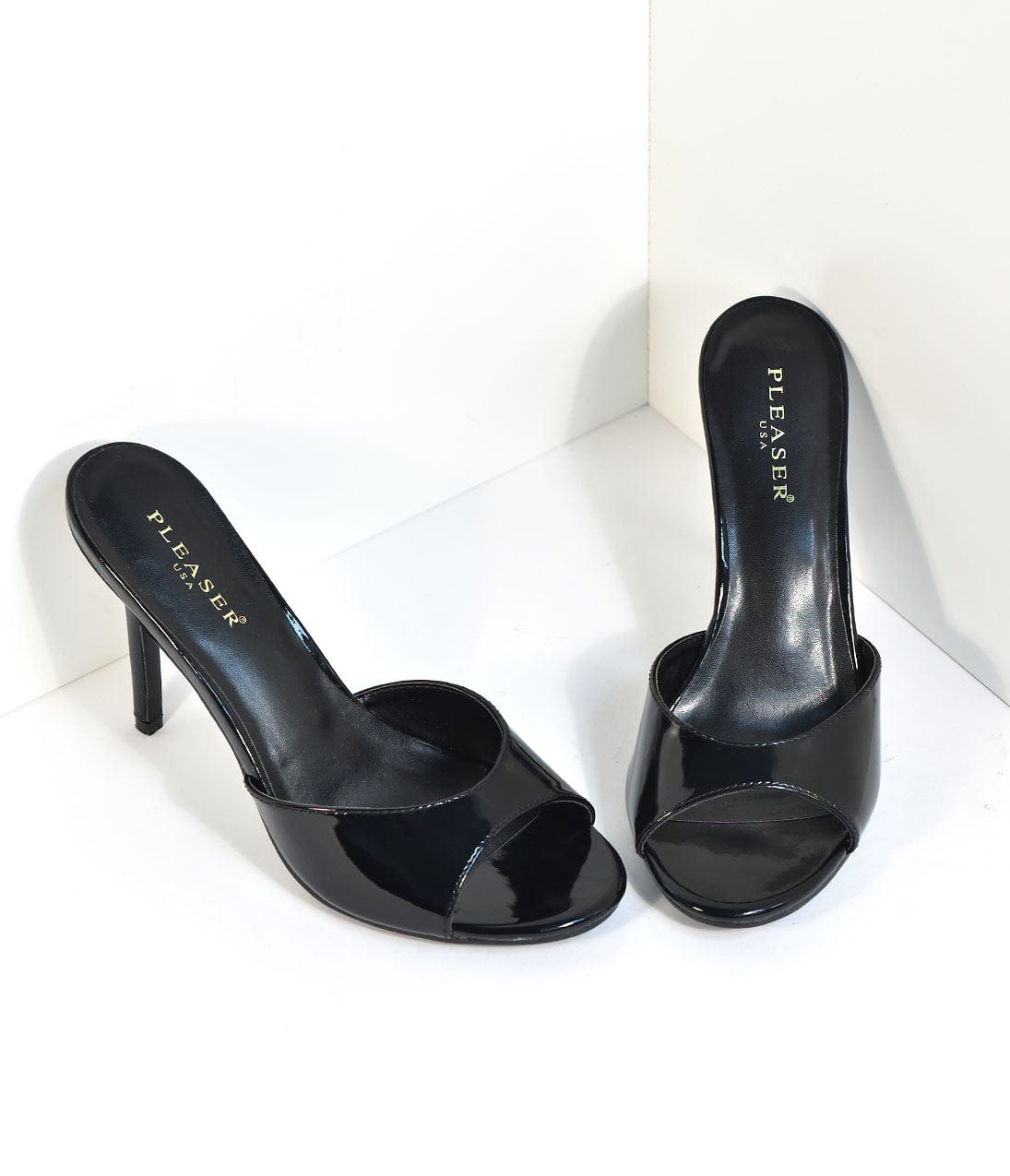 Black Patent Leatherette Peep Toe Slip On Heels