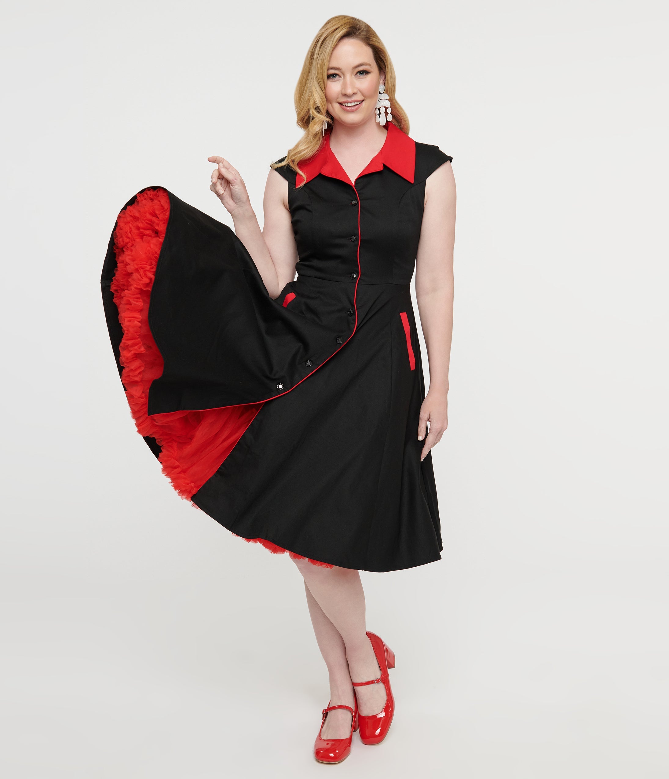 1950s Style Black & Red Cap Sleeve Button Up Diablo Swing Dress