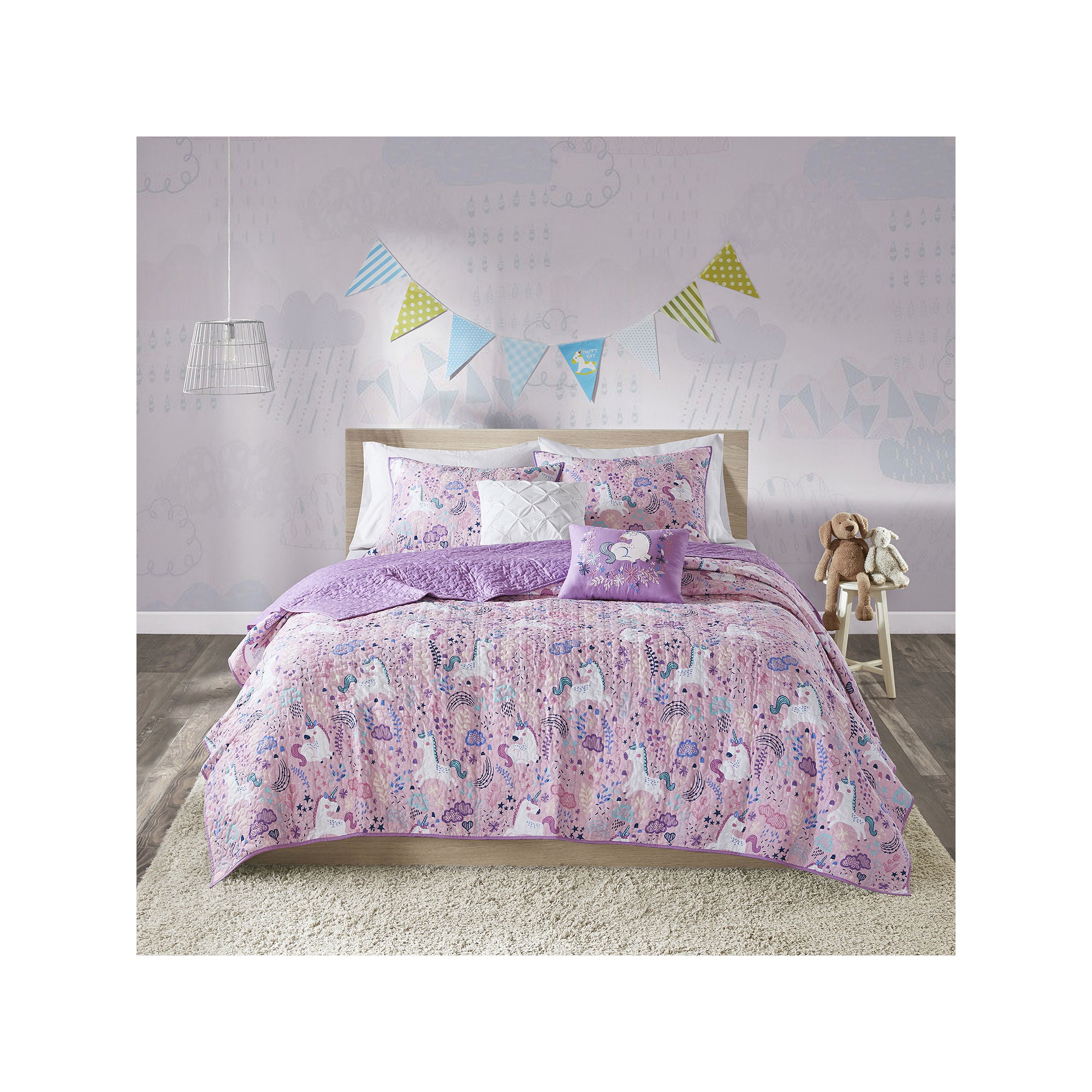 Urban Habitat Kids Ella Unicorn Reversible 100% Cotton Quilt Set With Throw Pillows - PINK ONE SIZE