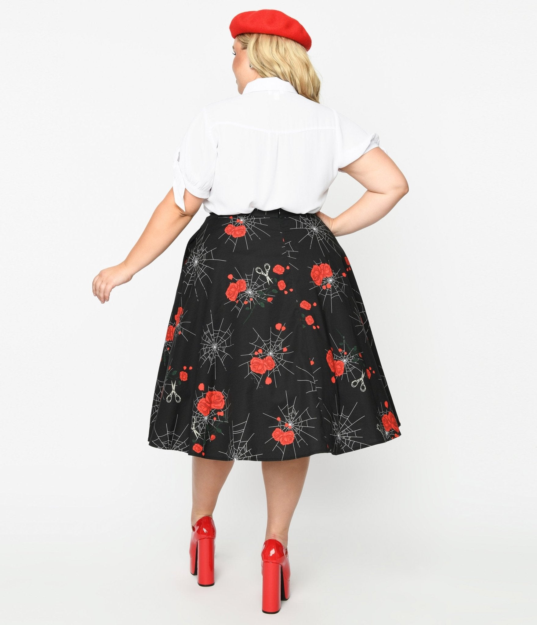 Collectif 1940s Black Spinners Web & Roses Swing Skirt