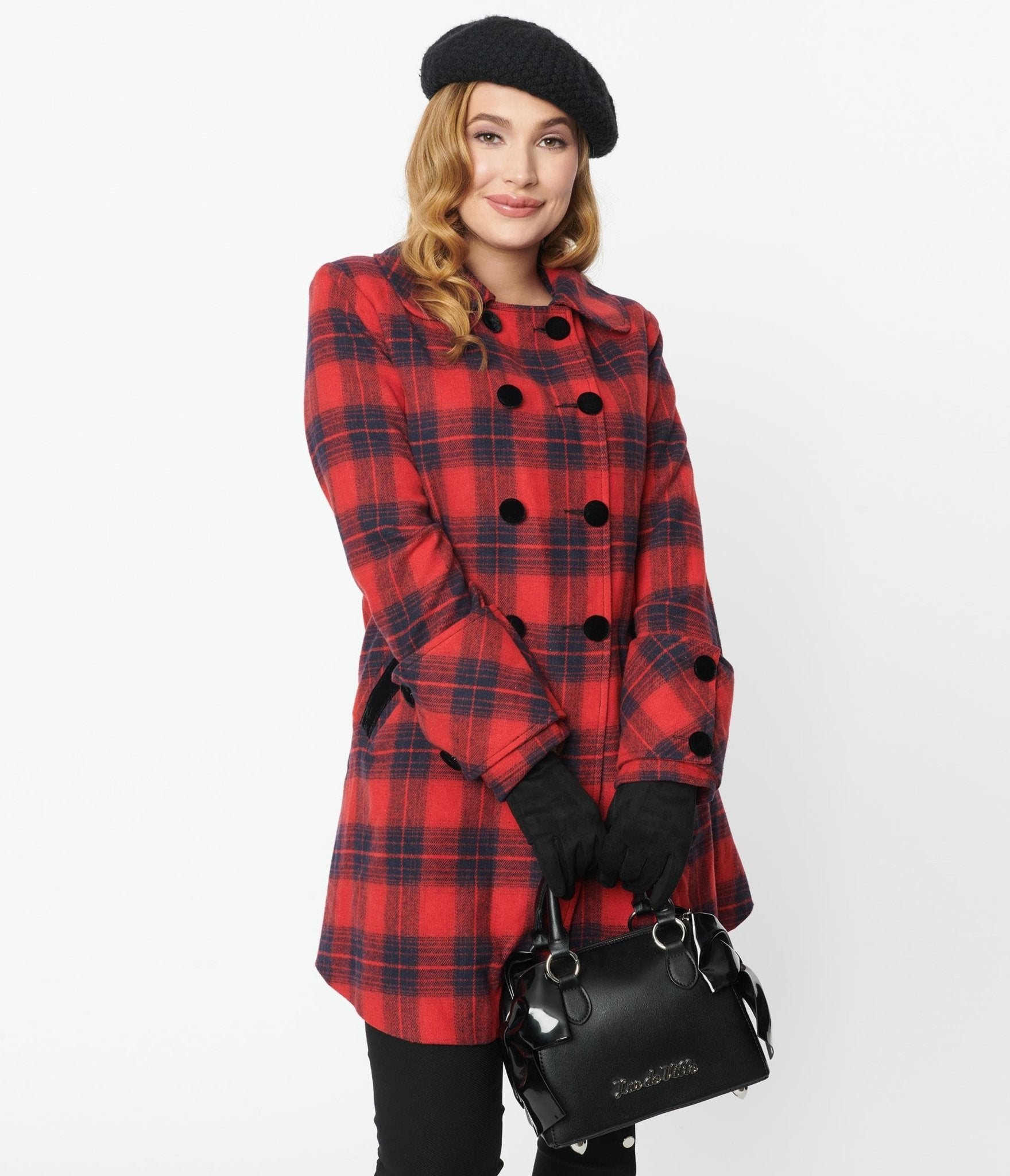 Unique Vintage Red & Navy Plaid Peacoat