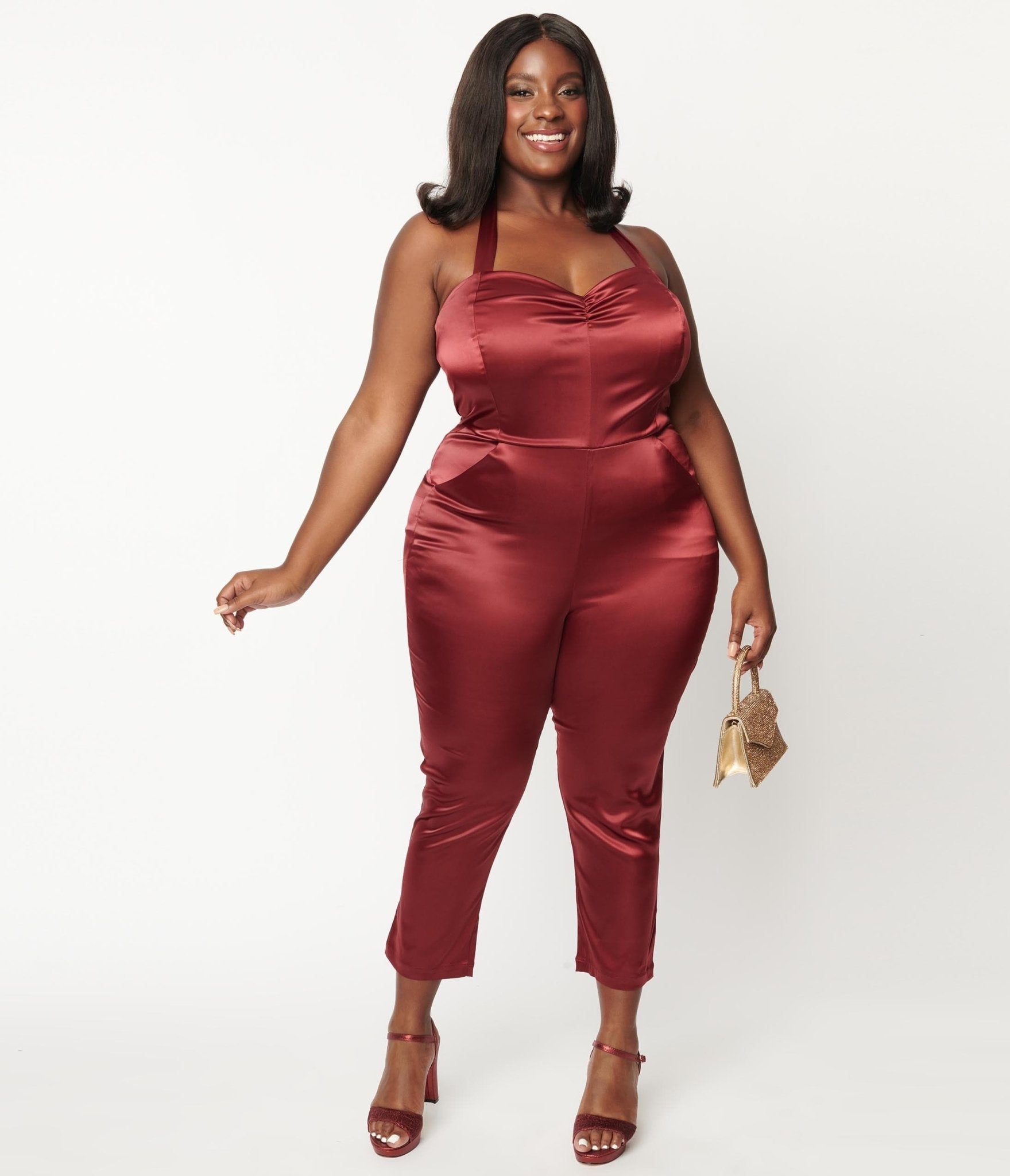 Unique Vintage Plus Size 1970s Wine Satin Marcel Jumpsuit