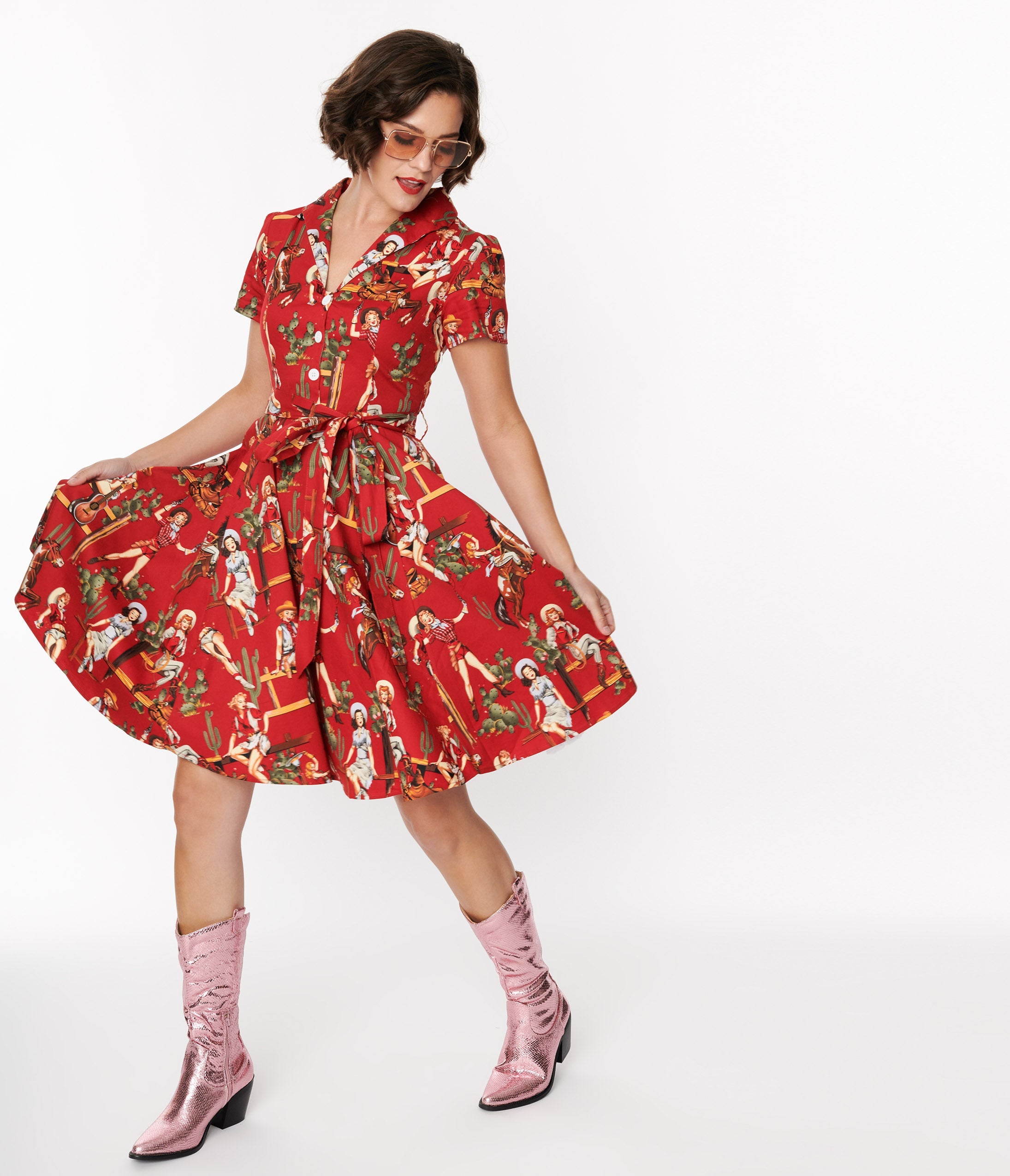 Red & Cowgirl Print Swing Shirt Dress