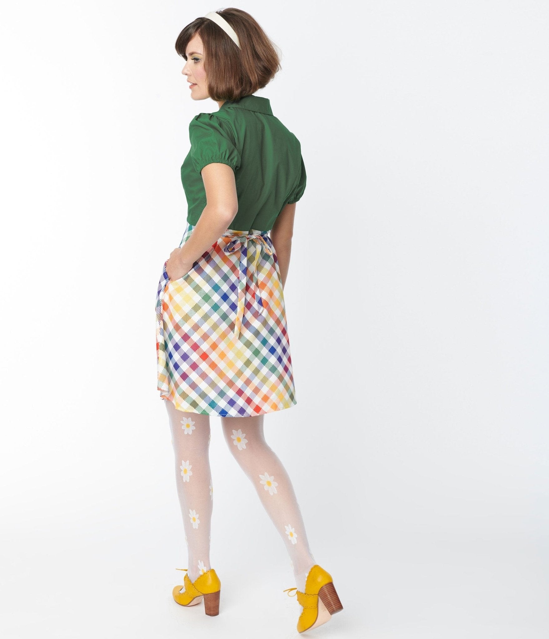 Smak Parlour 1970s Green & Rainbow Gingham Mini Shirt Dress