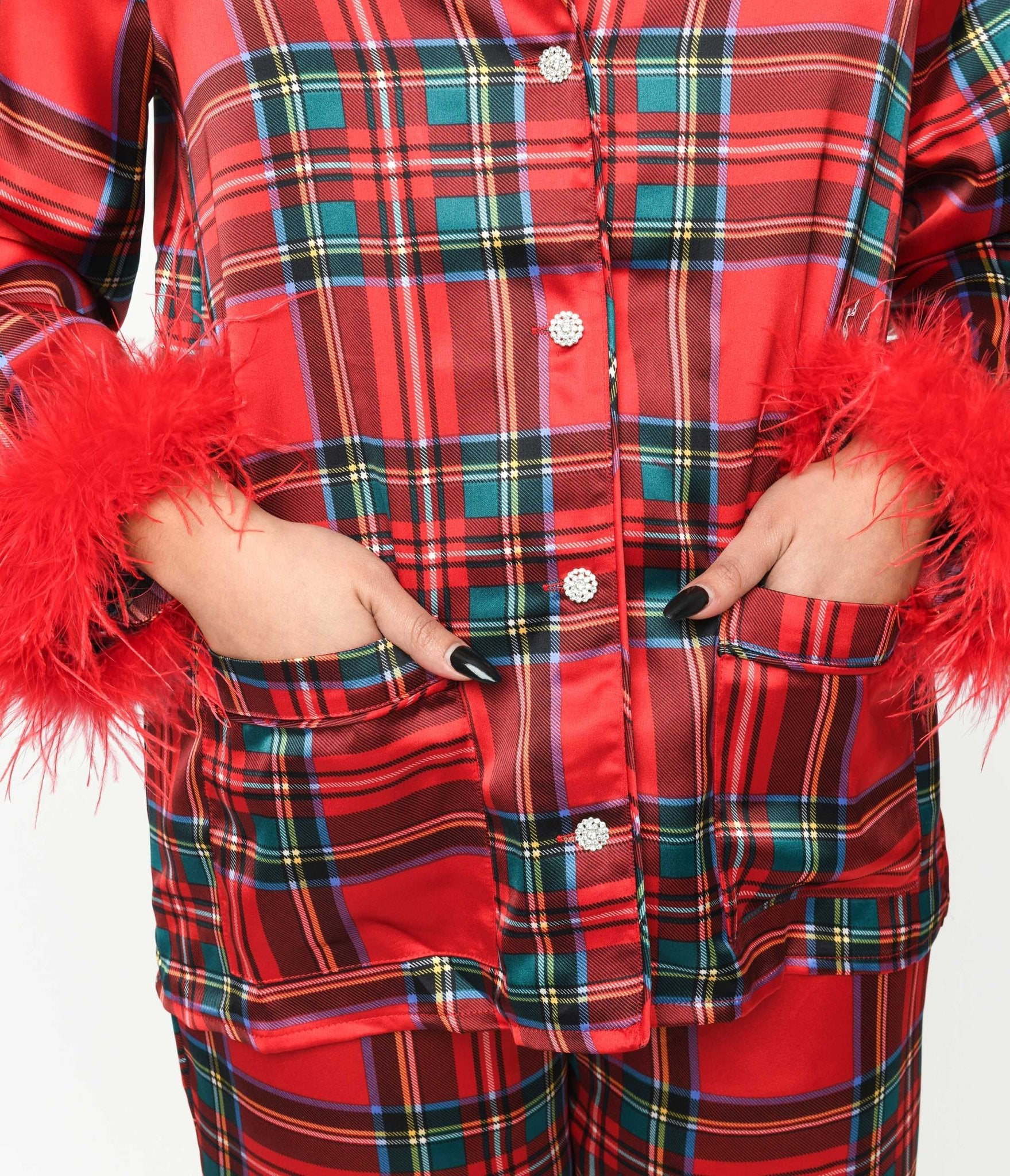 Red Tartan & Feather Trim Pajama Set