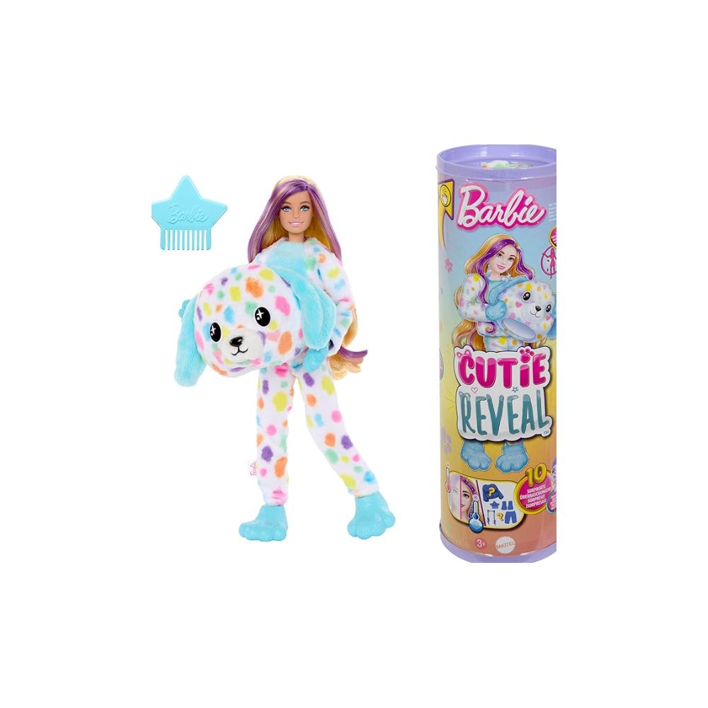 Mattel HRK41 Barbie Cutie Reveal Doll & Accessories, Rainbow Dalmation Costume & 10 Surprises Including Color Change