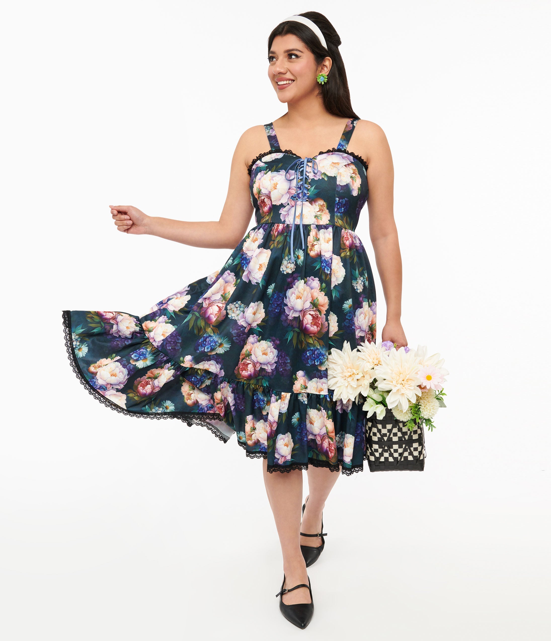 Dark Green Floral Heidi Swing Dress