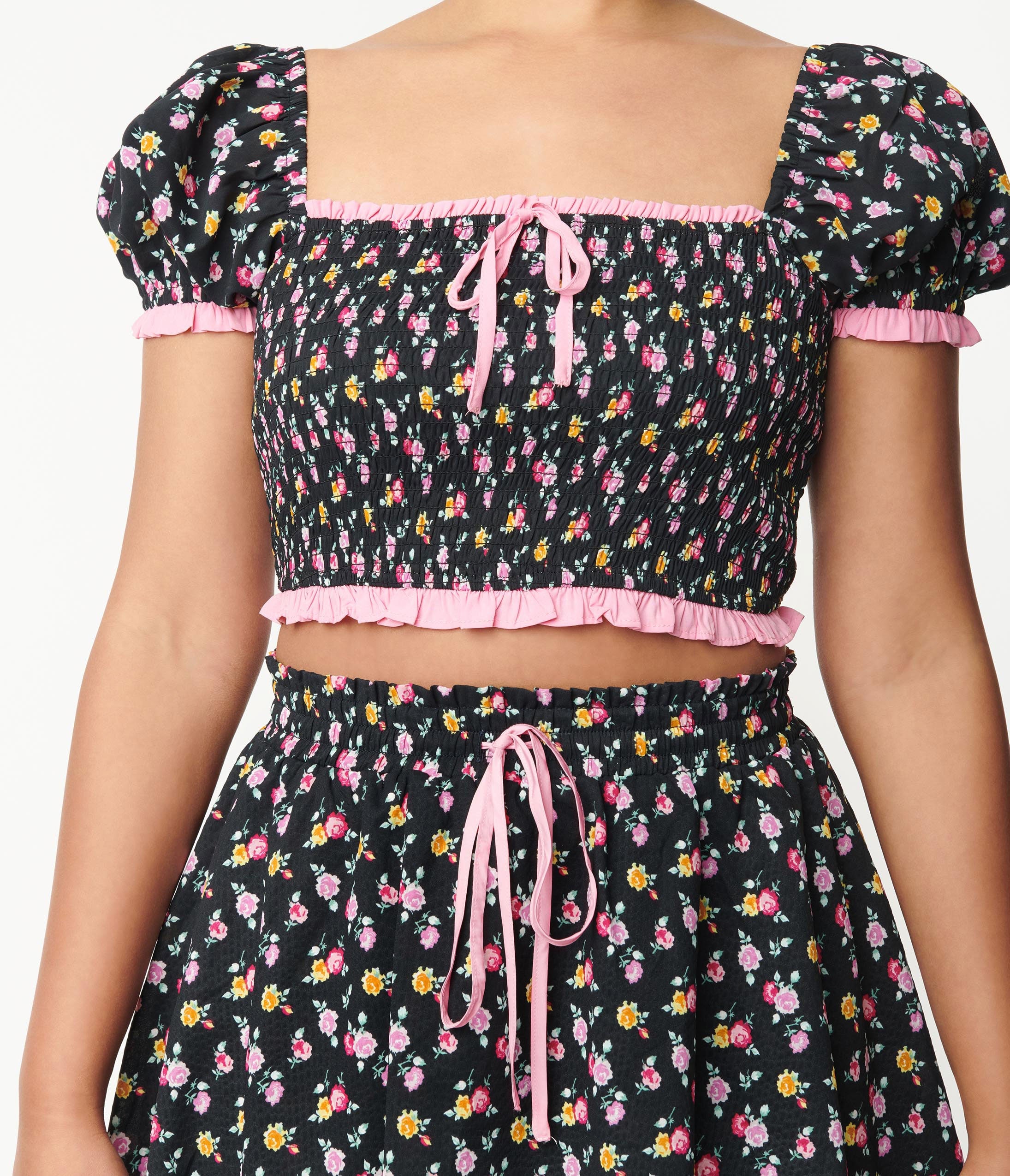 Unique Vintage Black & Pink Ditsy Floral Crop Top