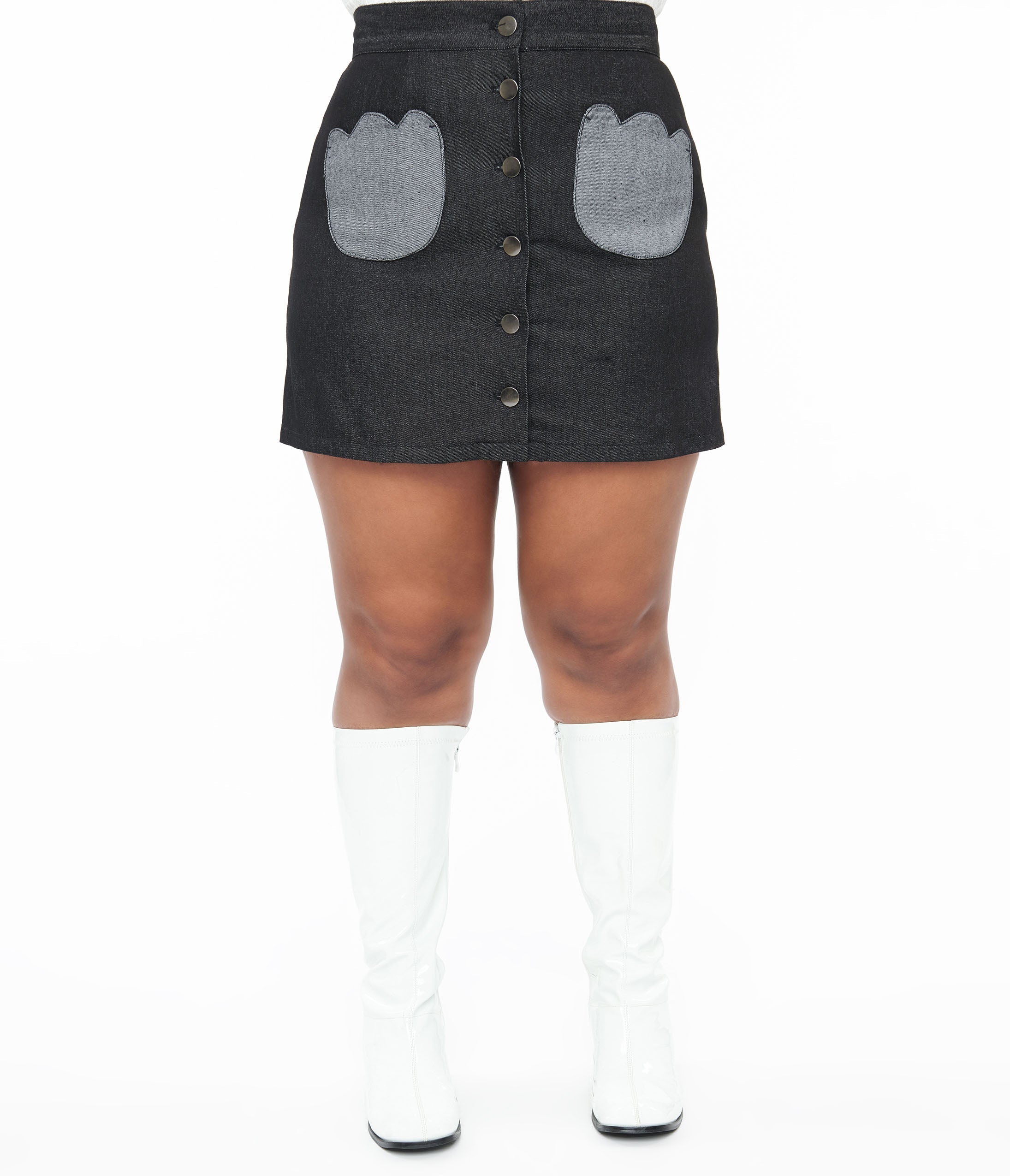 Smak Parlour Plus Size Black Denim Tulip Patch Pocket Skirt