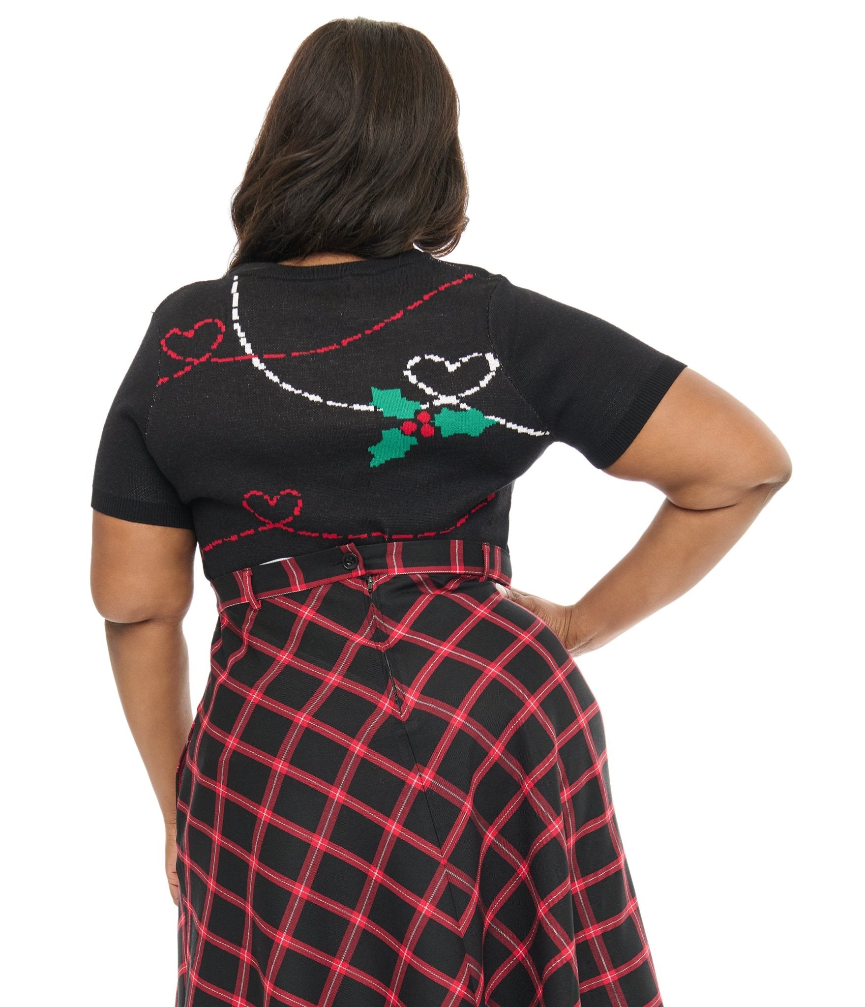 Hell Bunny Plus Size 1950s Festive Hearts & Holly Print Angelica Knit Top