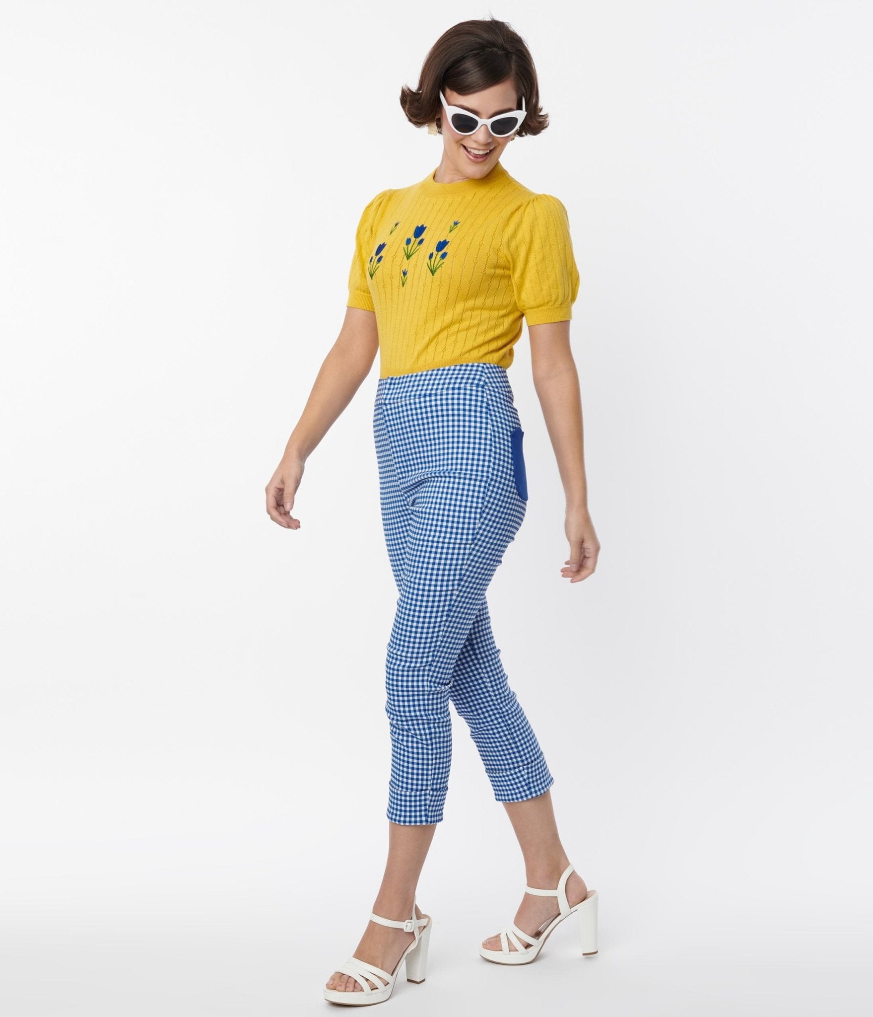 Smak Parlour Blue Gingham Tulip Pocket Smarty Pants Capri