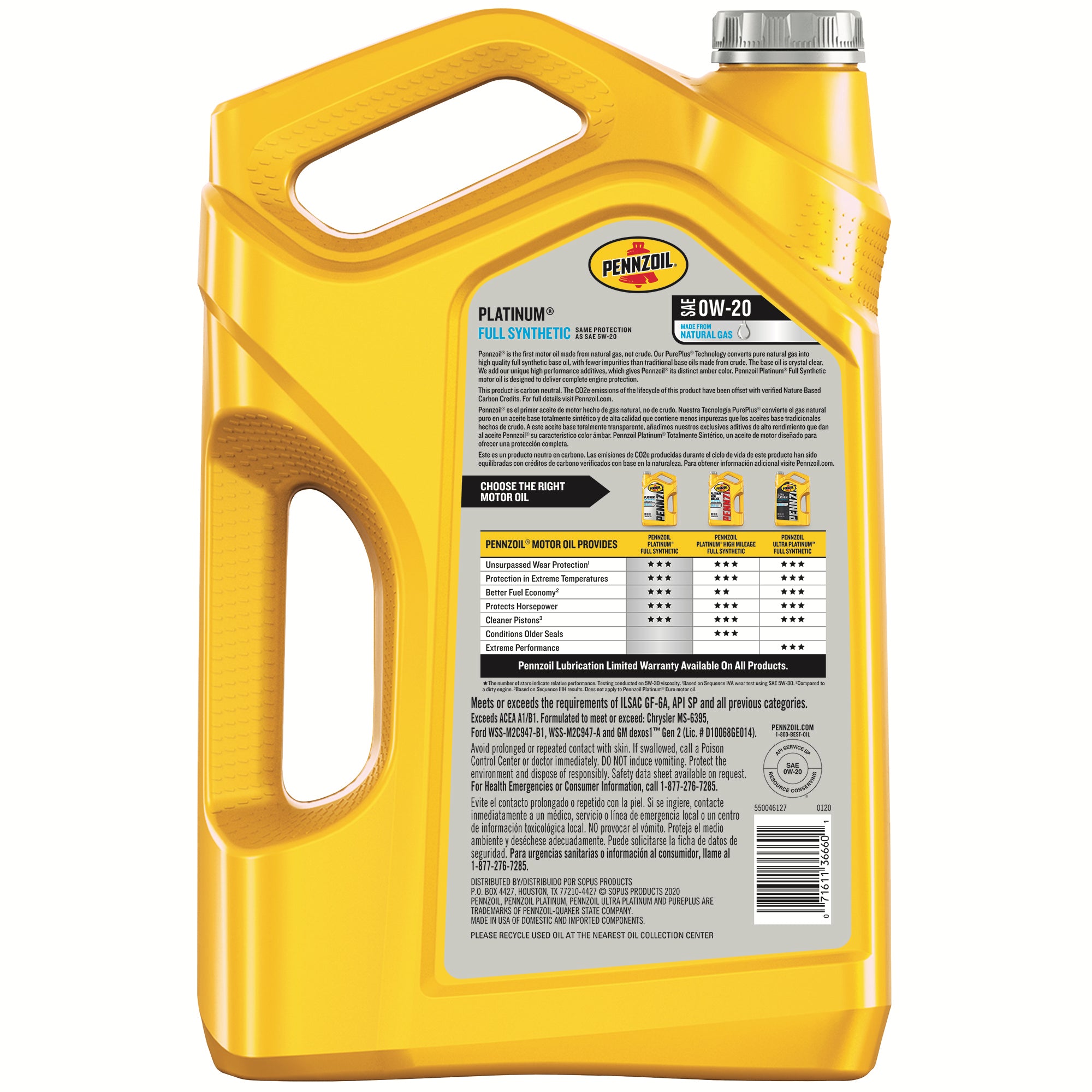 Pennzoil 550046127 Platinum Full Synthetic 0W-20 Motor Oil, 5-Quart