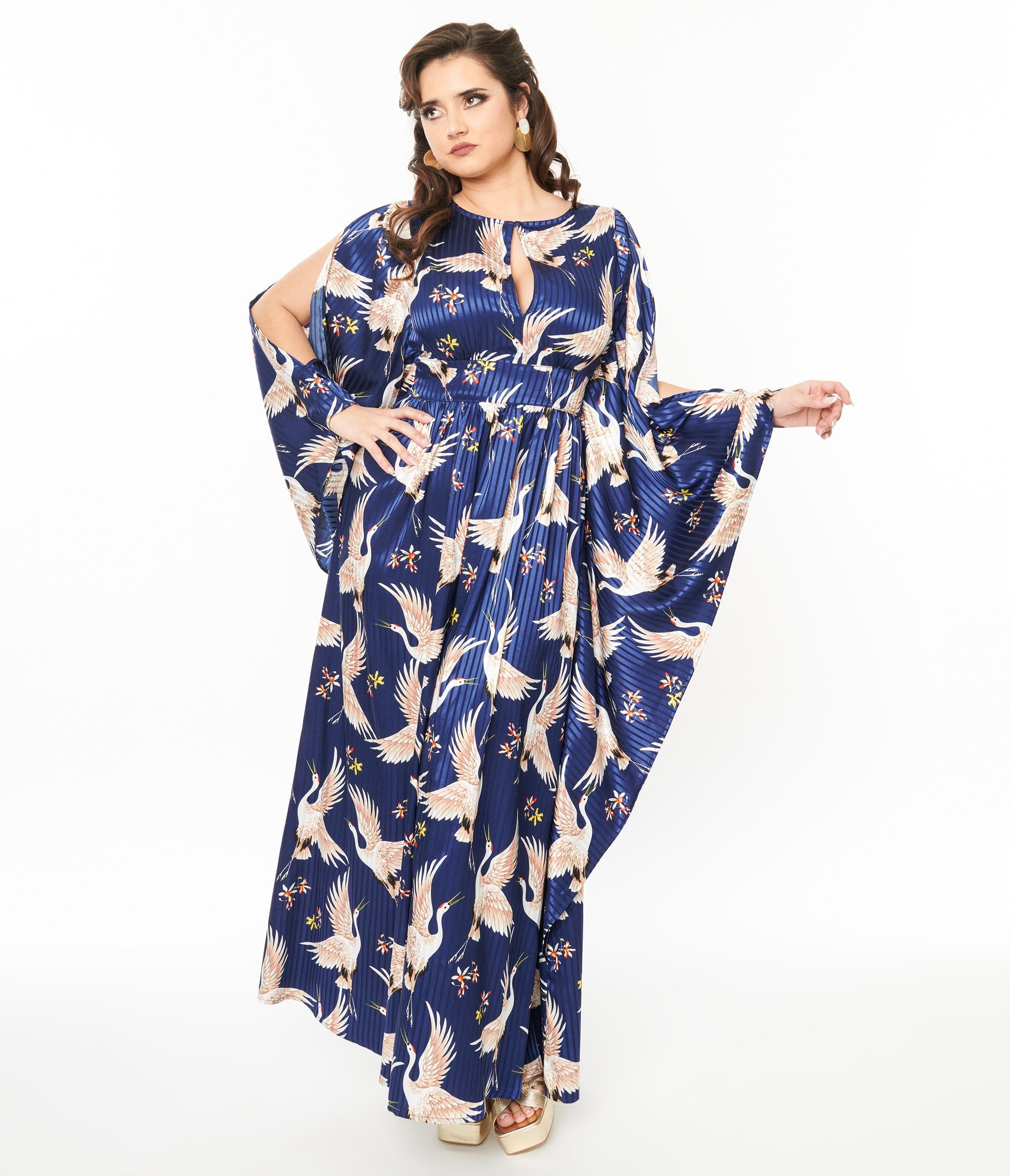 Unique Vintage 1960s Navy Crane Flutter Sleeve Caftan