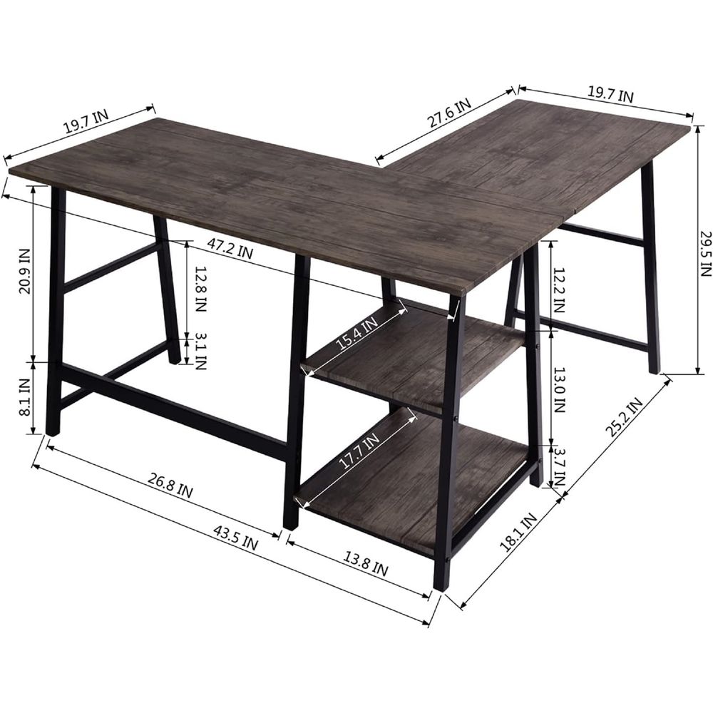 Branax L Shaped Office Desk with Shelf, Brown - Thick Wood & Sturdy Metal Frame