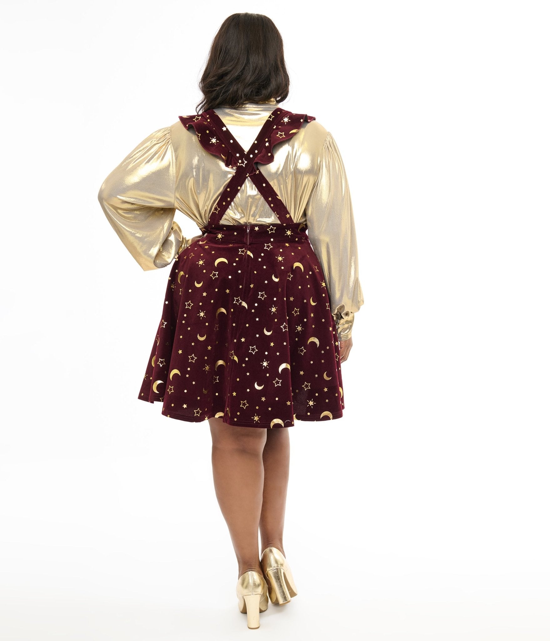 Unique Vintage Plus Size Burgundy & Gold Moon & Star Corduroy Ruffle Pinafore