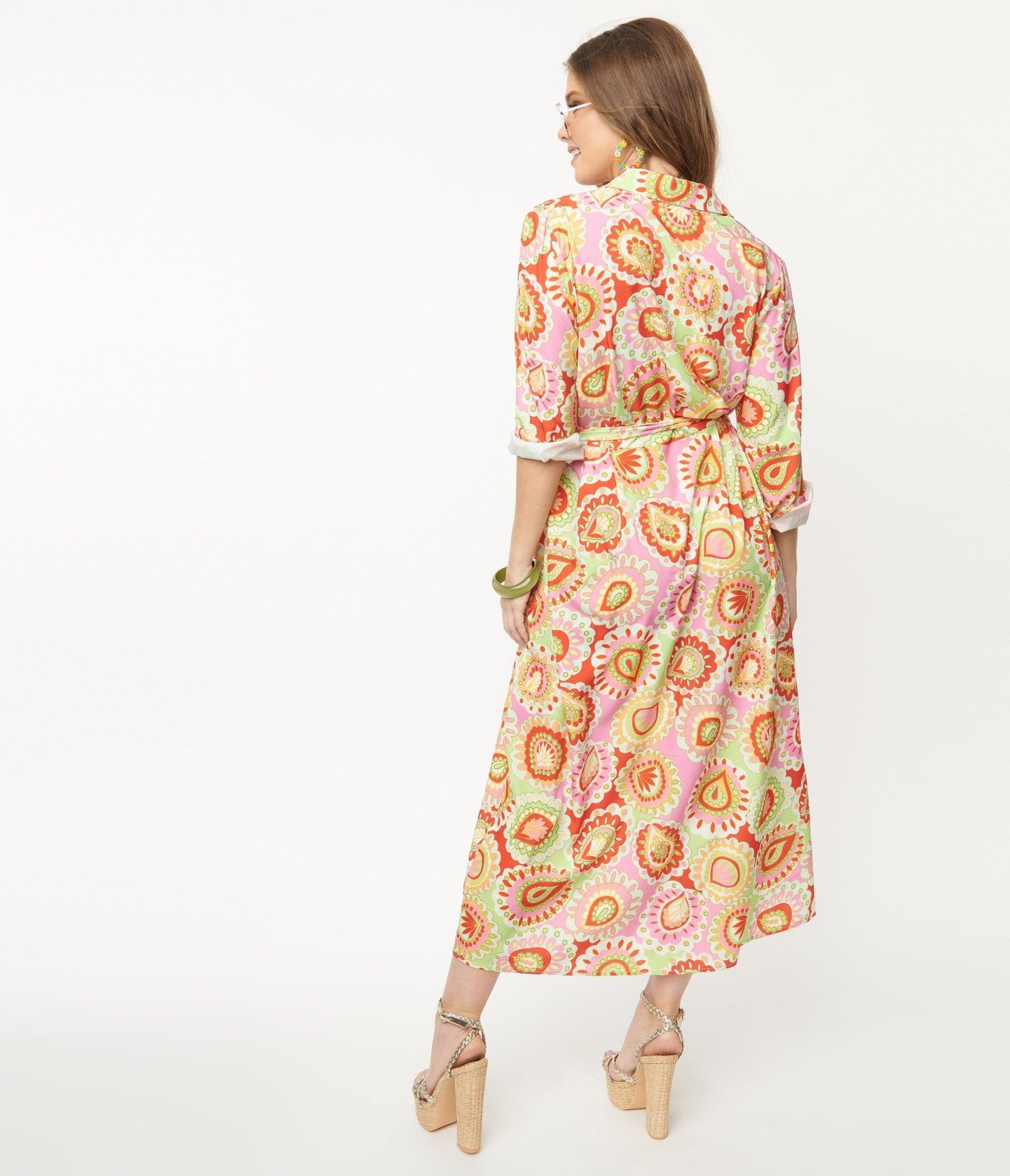 Pink & Green Paisley Print Midi Shirtdress