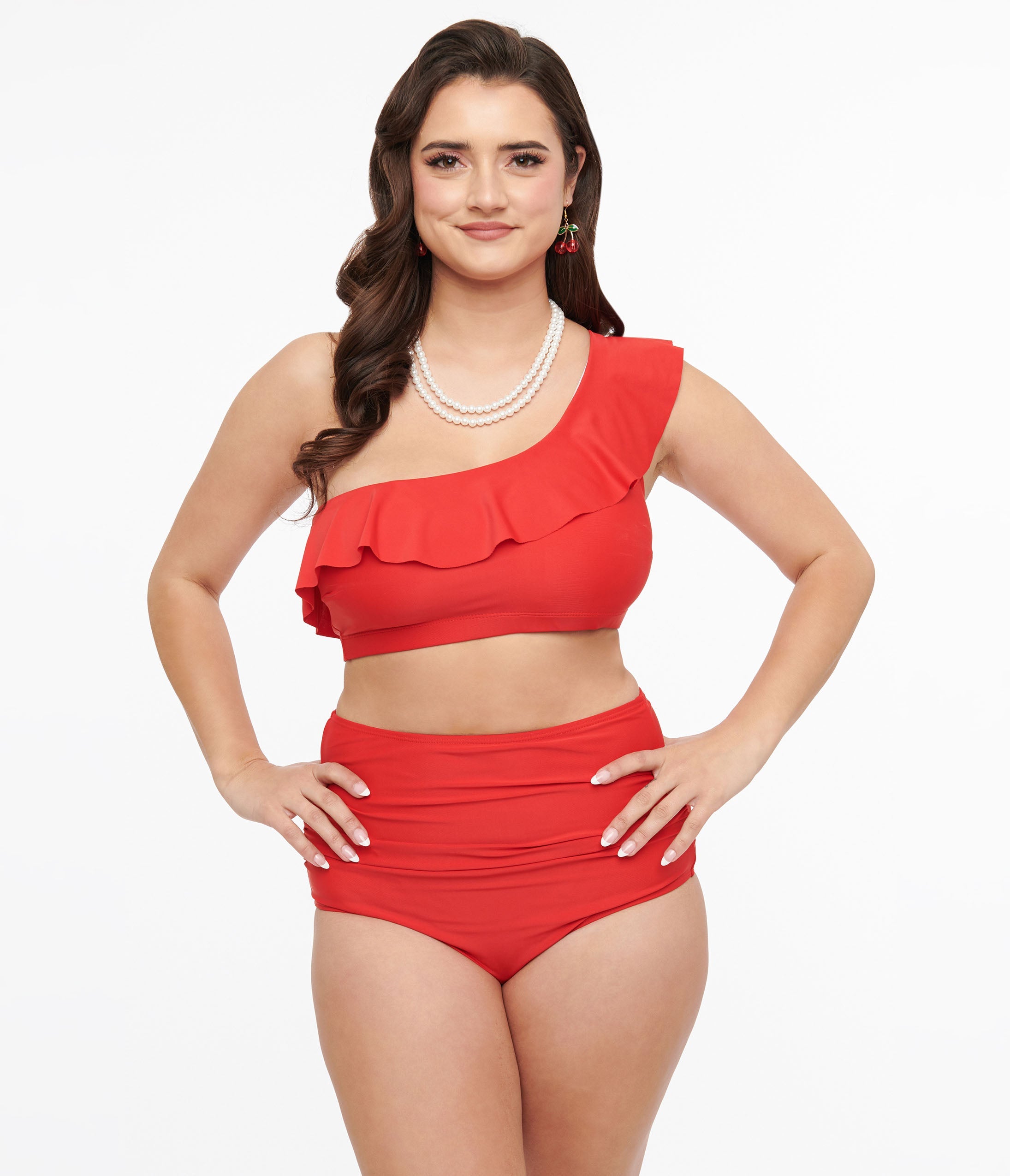 Red Asymmetric One Shoulder Ruffled Two Piece Swim Set