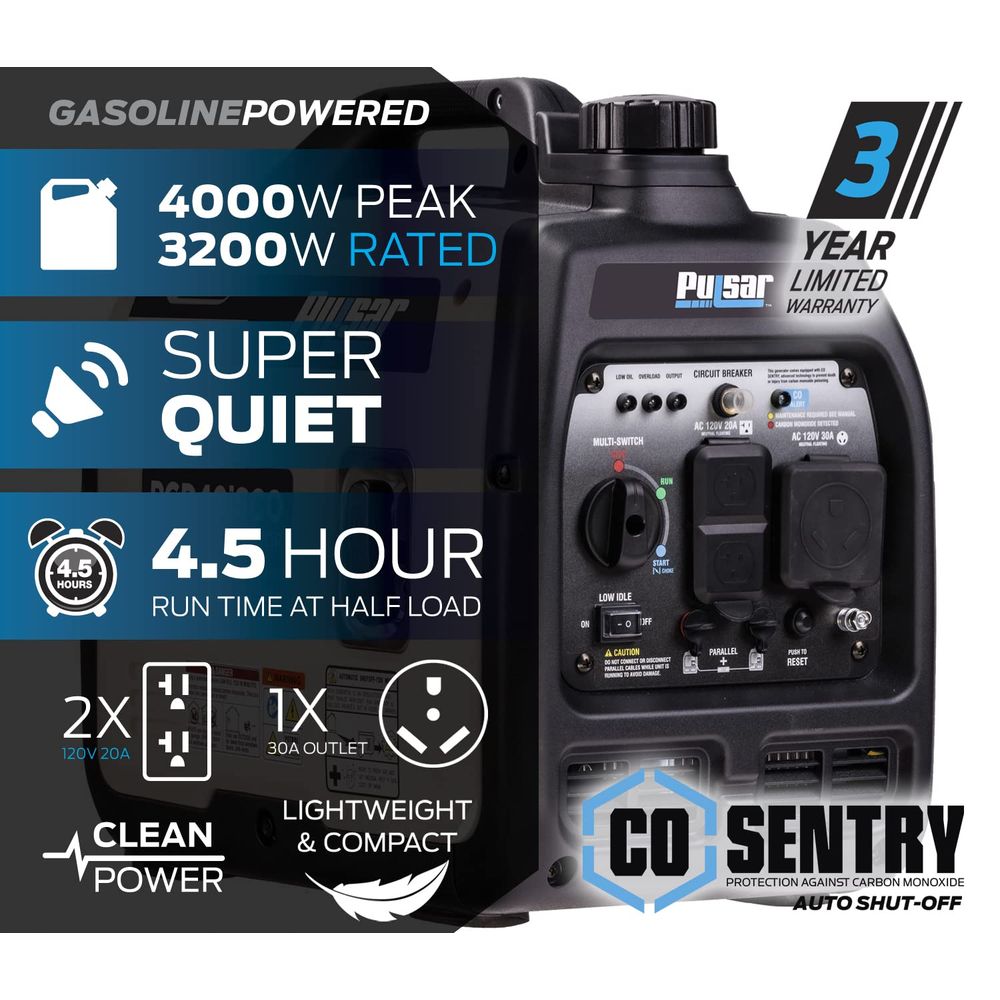 Pulsar PGD40ISCO 4000W Super Quiet Inverter Gasoline Powered Generator with Recoil Start and CO Shutdown