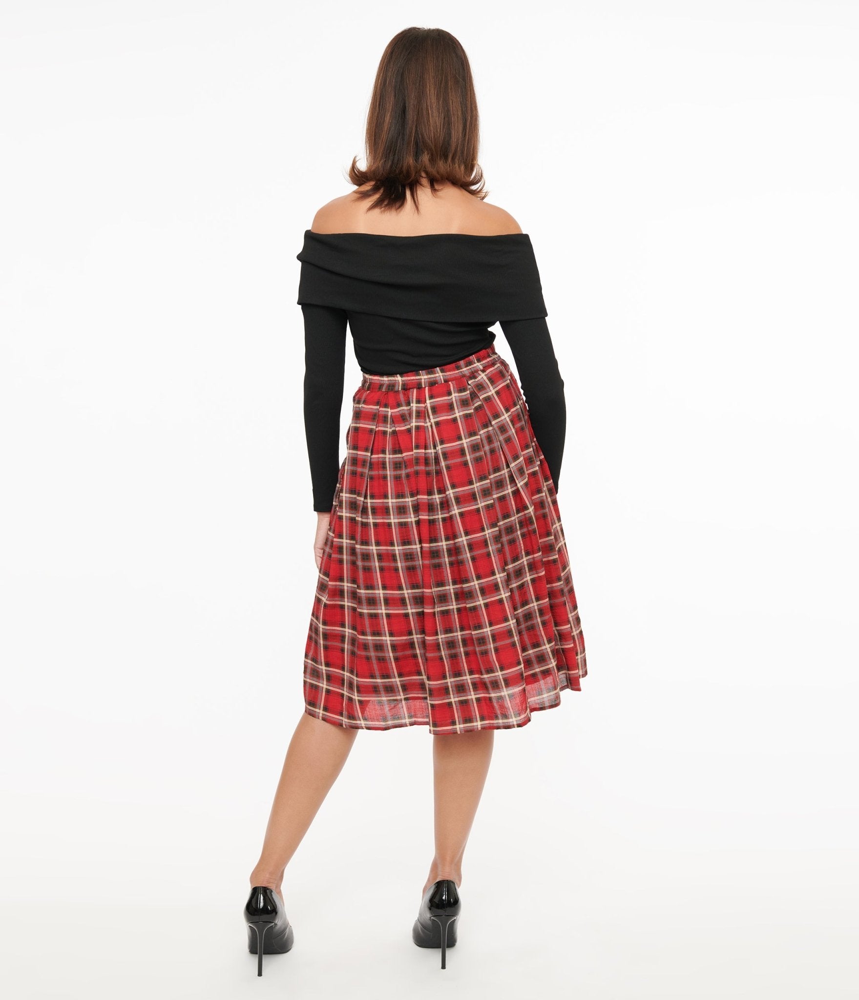 Red Plaid Fit & Flare Cotton Skirt