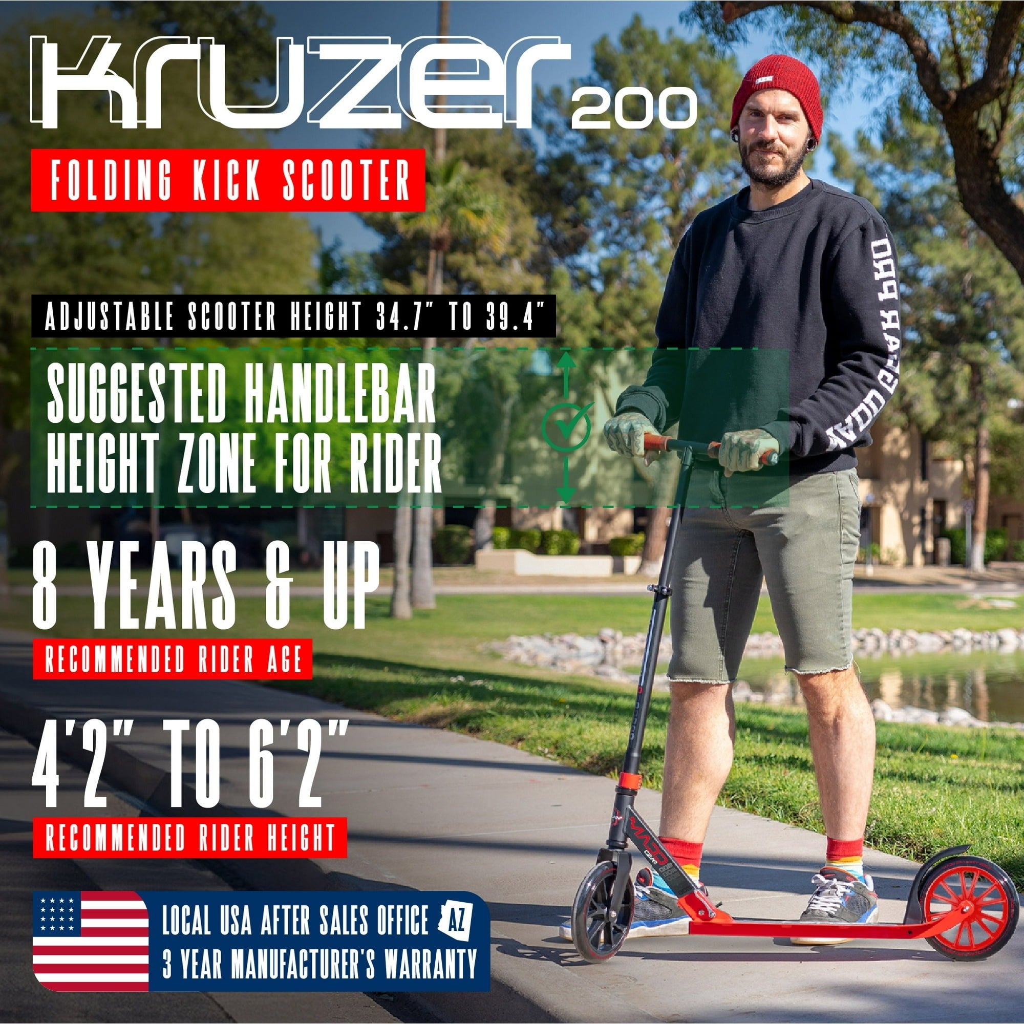 Madd Gear 206-576 Kruzer 200mm Commuter Scooter - Easy Folding - Height Adjustable - Red Black