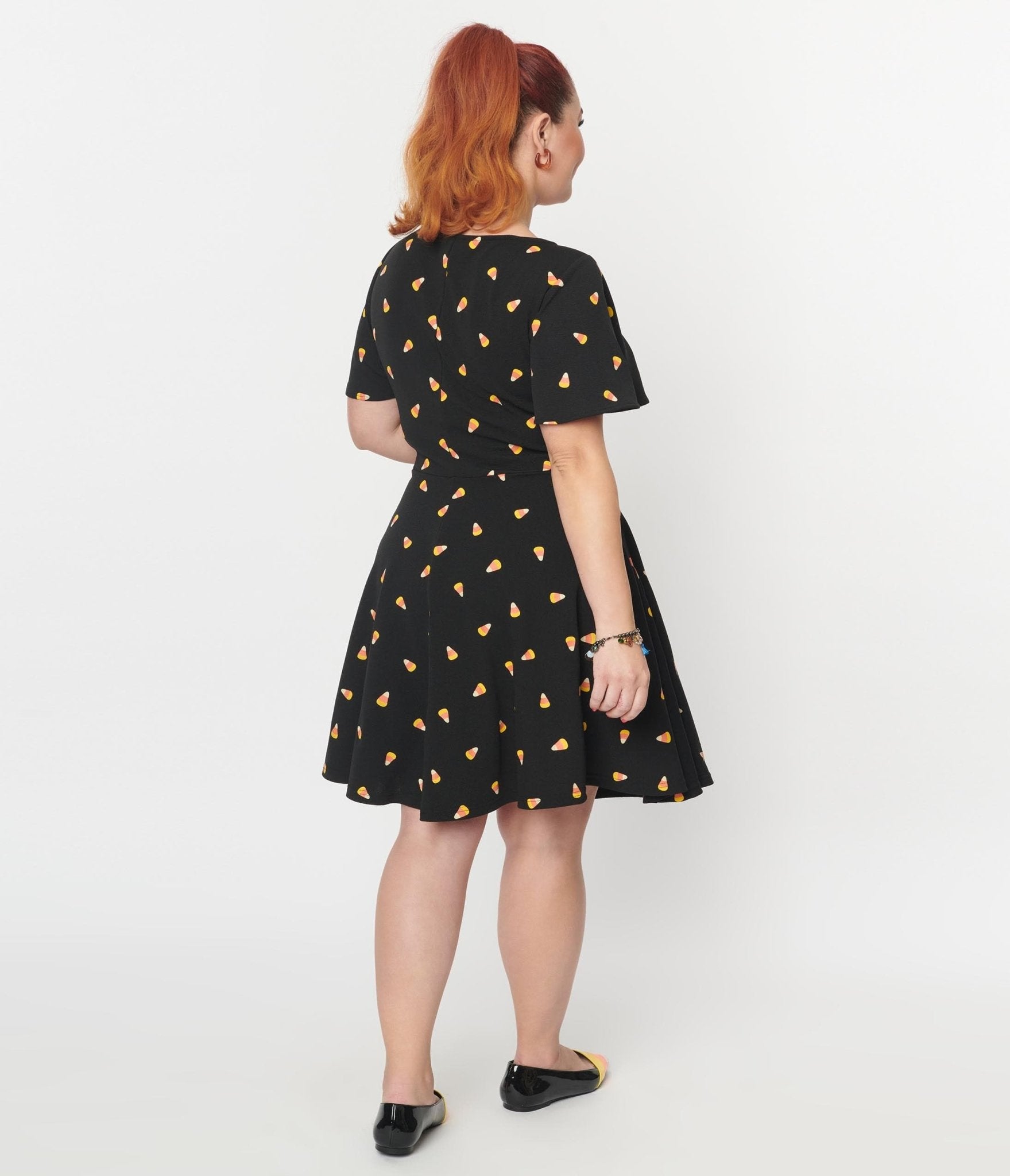 Unique Vintage Black Candy Corn Print Poppy Flare Dress