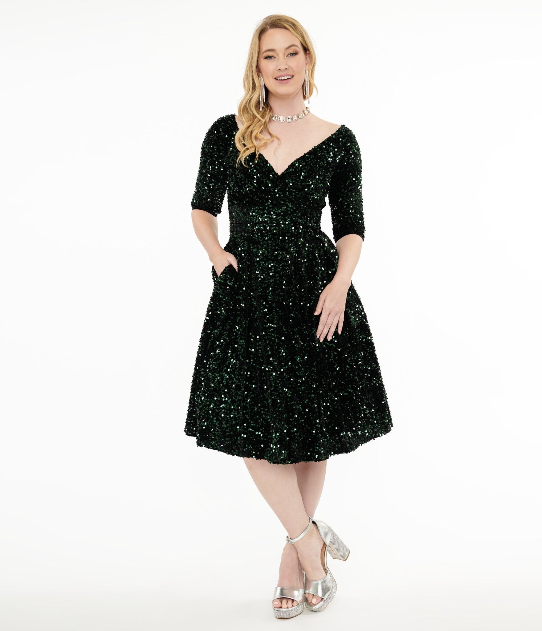 Unique Vintage 1950s Green Velvet Sequin Marceline Swing Dress