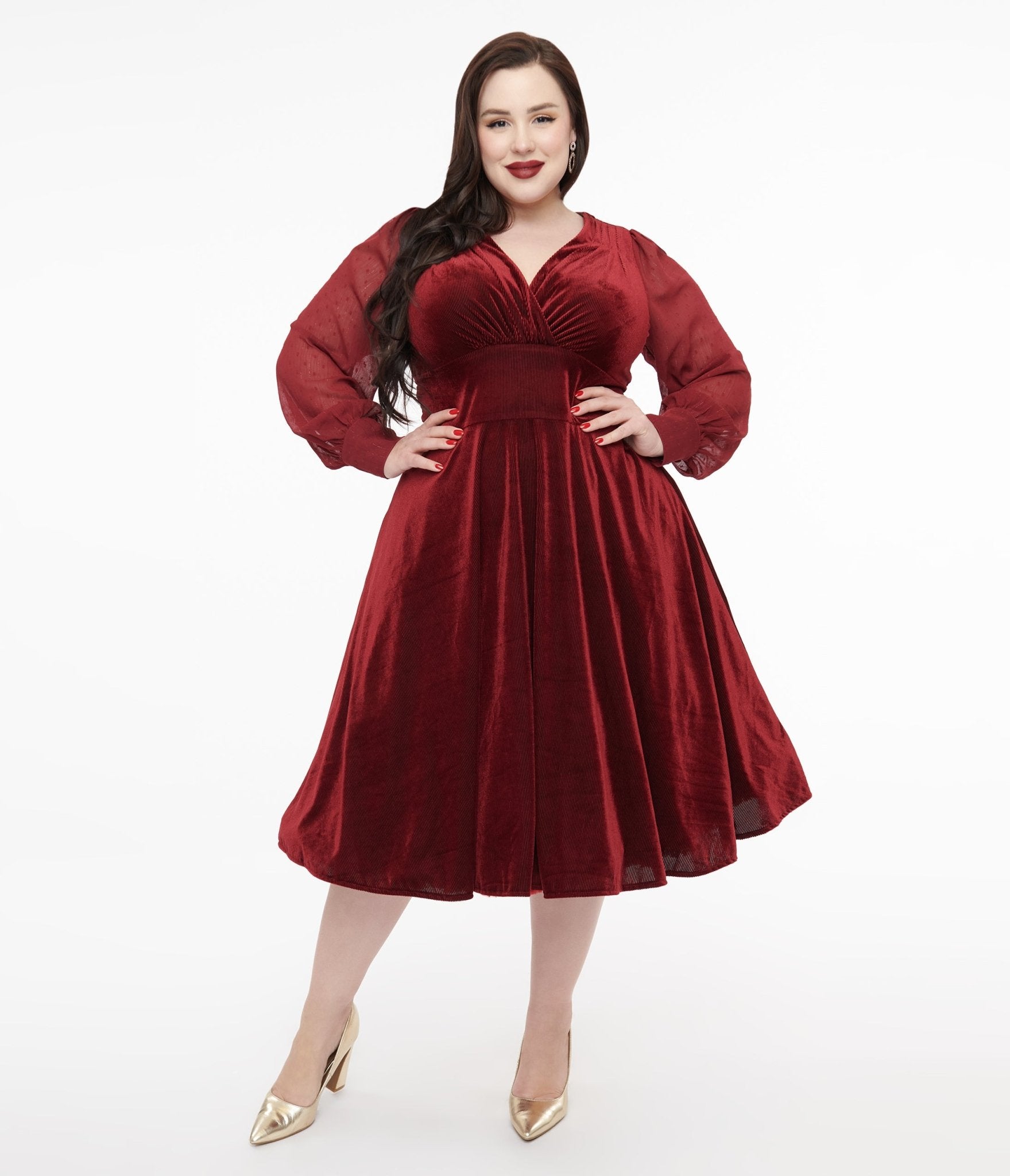 Unique Vintage Plus Size 1950s Berry Velvet Sheer Sleeve Delores Swing Dress